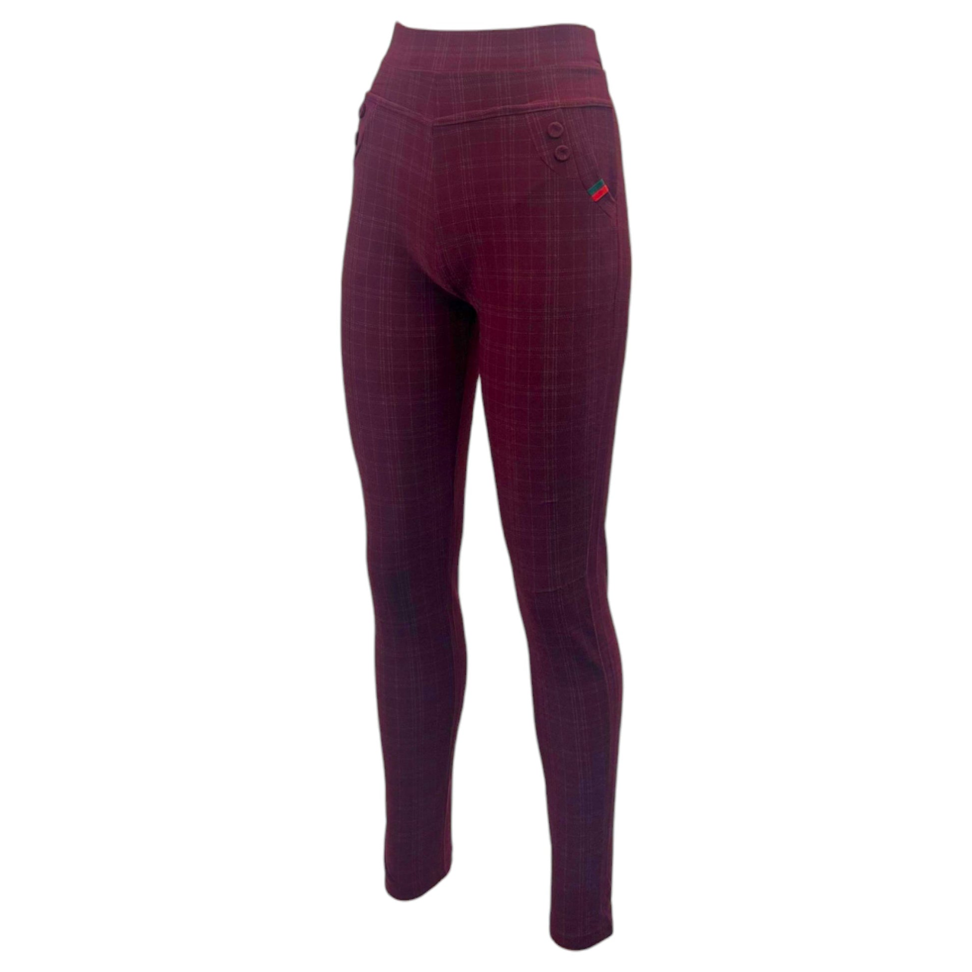 Women's high-waisted burgundy check slim-fit trousers with front button detail