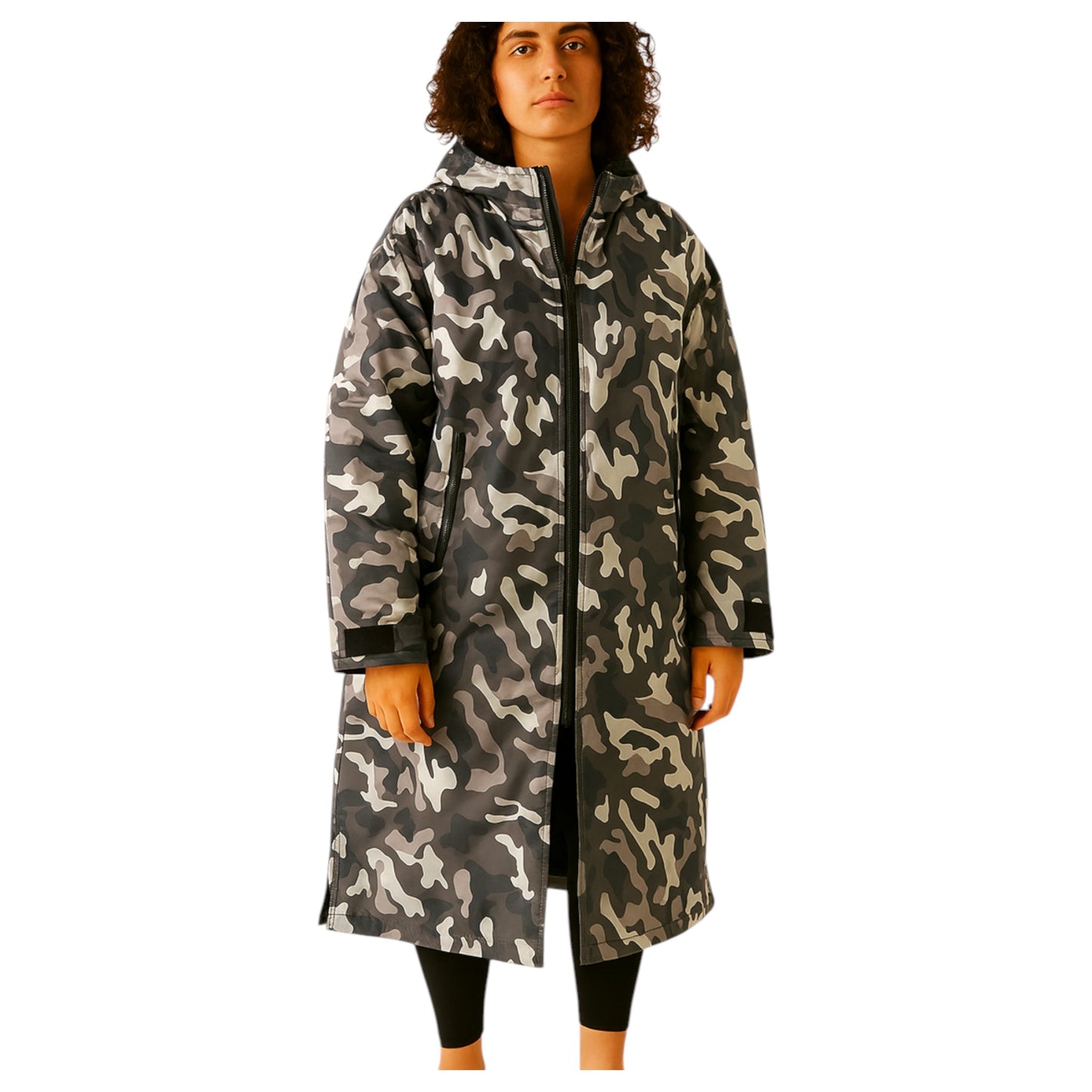 Adult grey camouflage waterproof changing robe with hood, front zip, and long sleeves