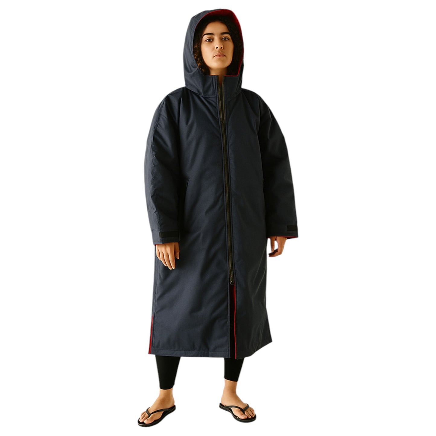 Adult navy waterproof changing robe with hood, front zip, and long sleeves