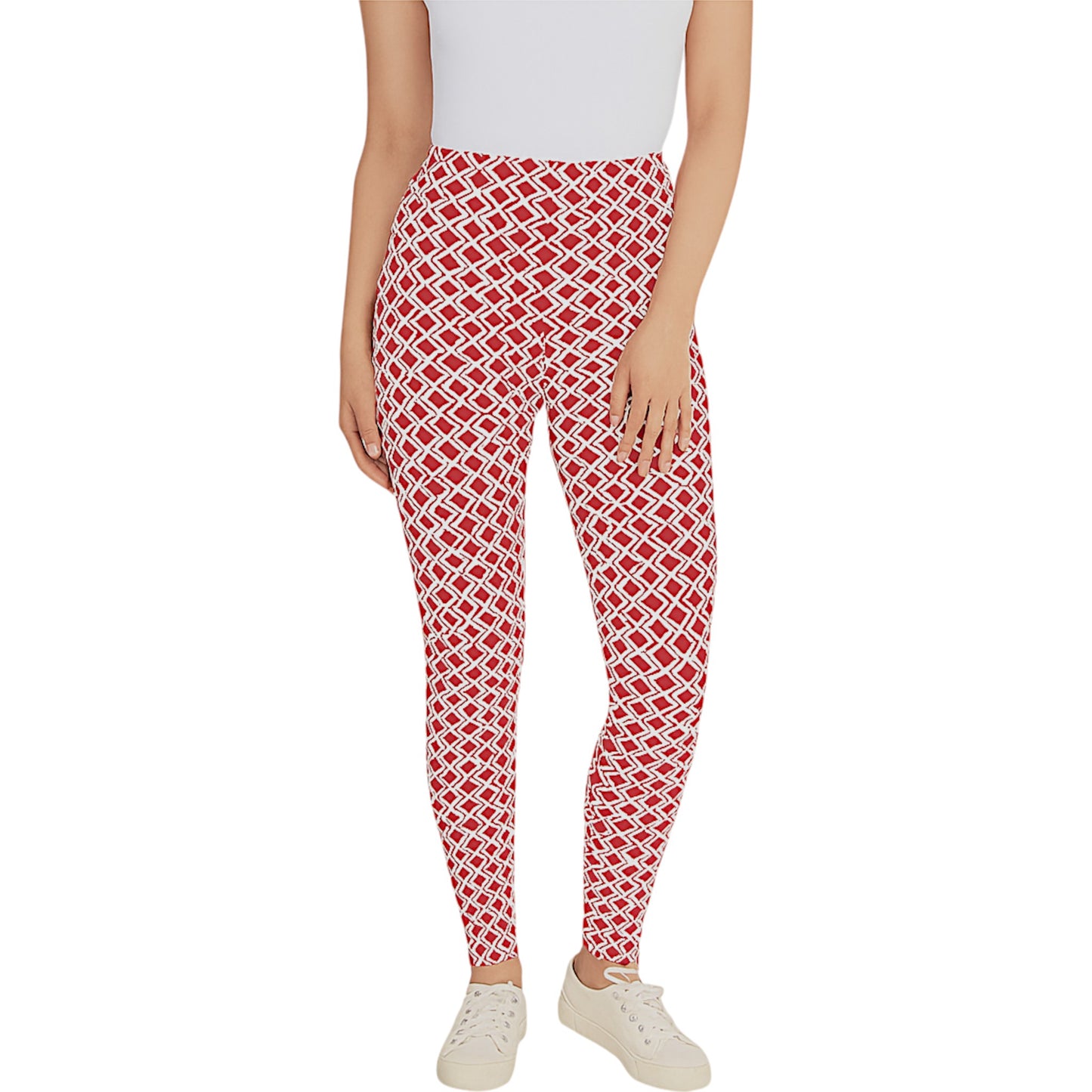 Women's red and white geometric diamond print leggings, high-waisted, full-length
