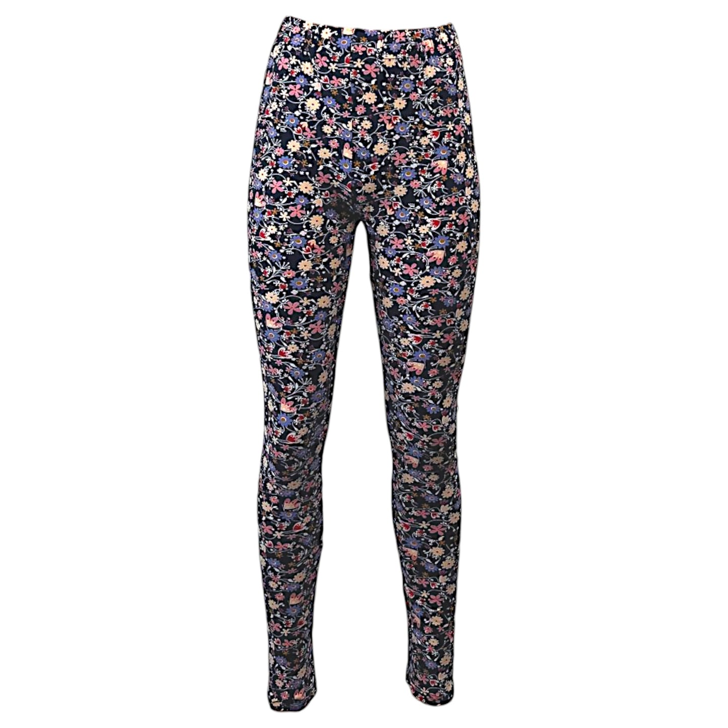 Women's full-length navy leggings with a colorful floral print pattern, soft stretch fabric, and high-waisted design for casual and active wear.