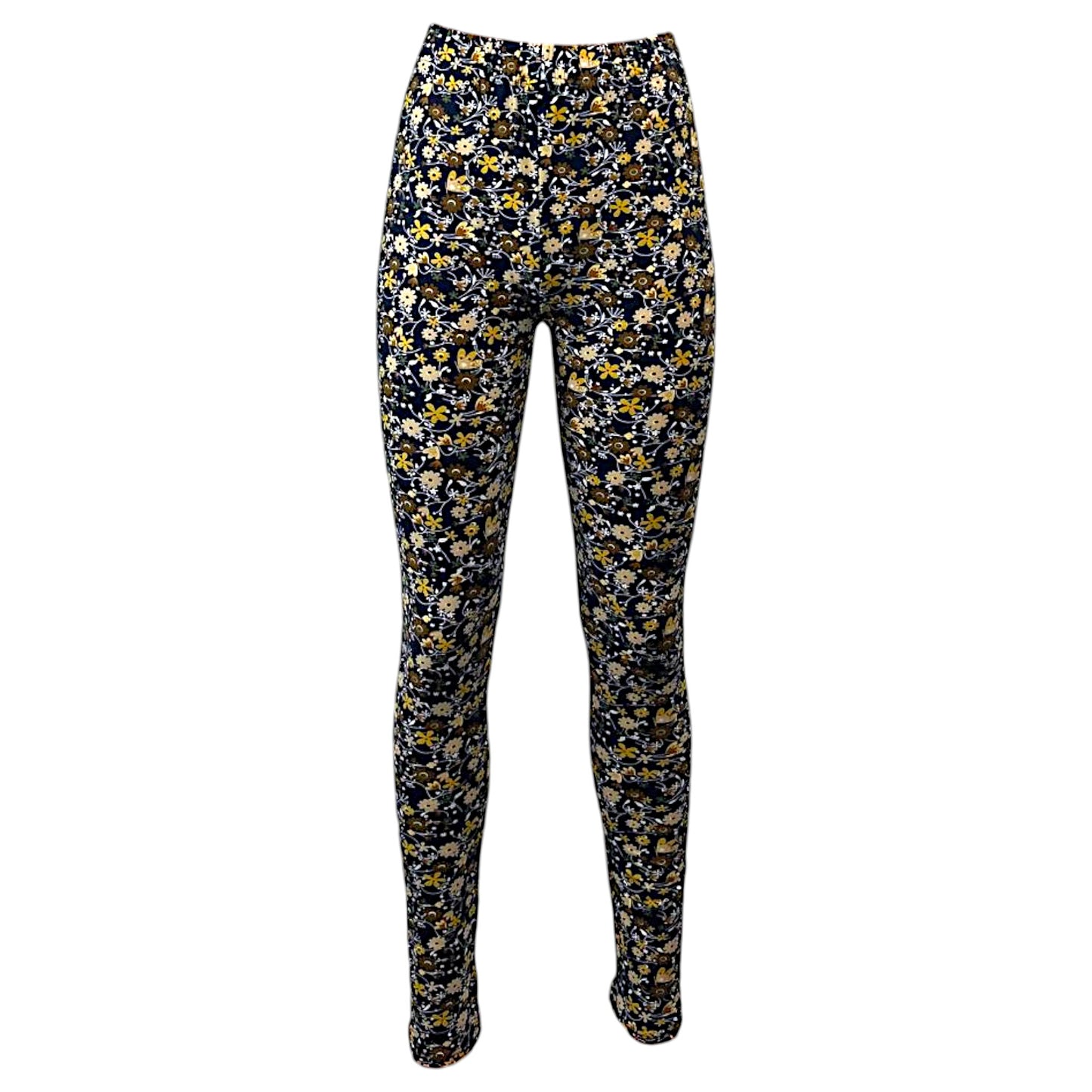 Women's full-length navy leggings with a colorful floral print pattern, soft stretch fabric, and high-waisted design for casual and active wear.