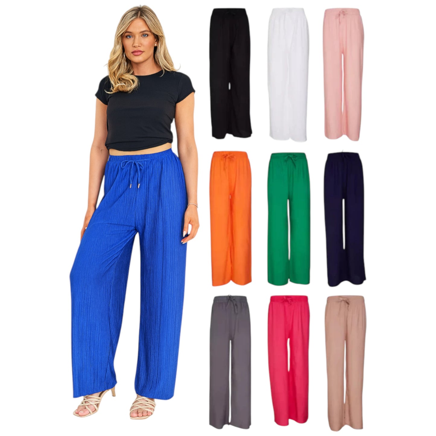 Ladies navy, black, green, white, pink orange and blue palazzo harem trousers with elastic waistband and drawstring – lightweight wide leg summer pants