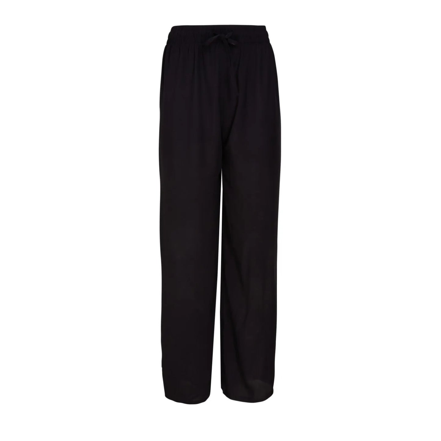 Ladies black palazzo harem trousers with elastic waistband and drawstring – lightweight wide leg summer pants