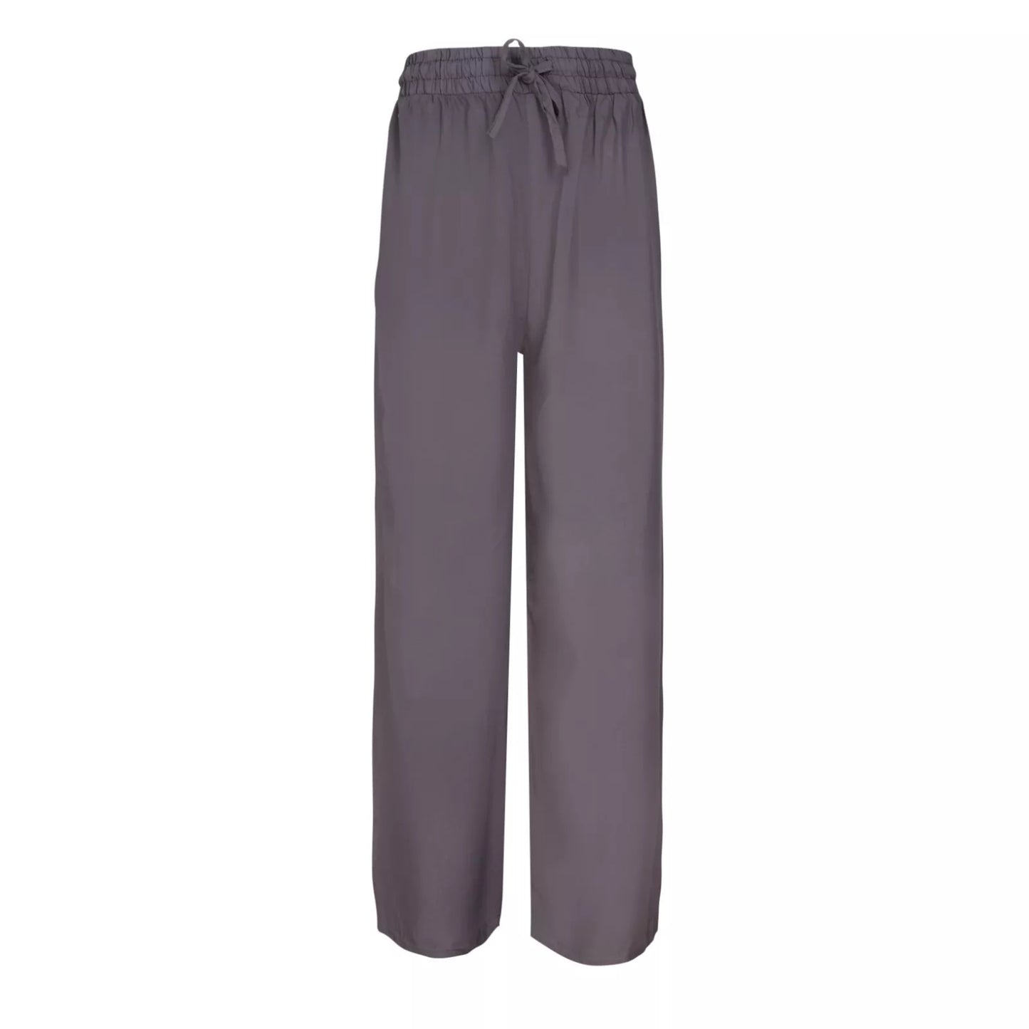 Ladies charcoal grey palazzo harem trousers with elastic waistband and drawstring – lightweight wide leg summer pants