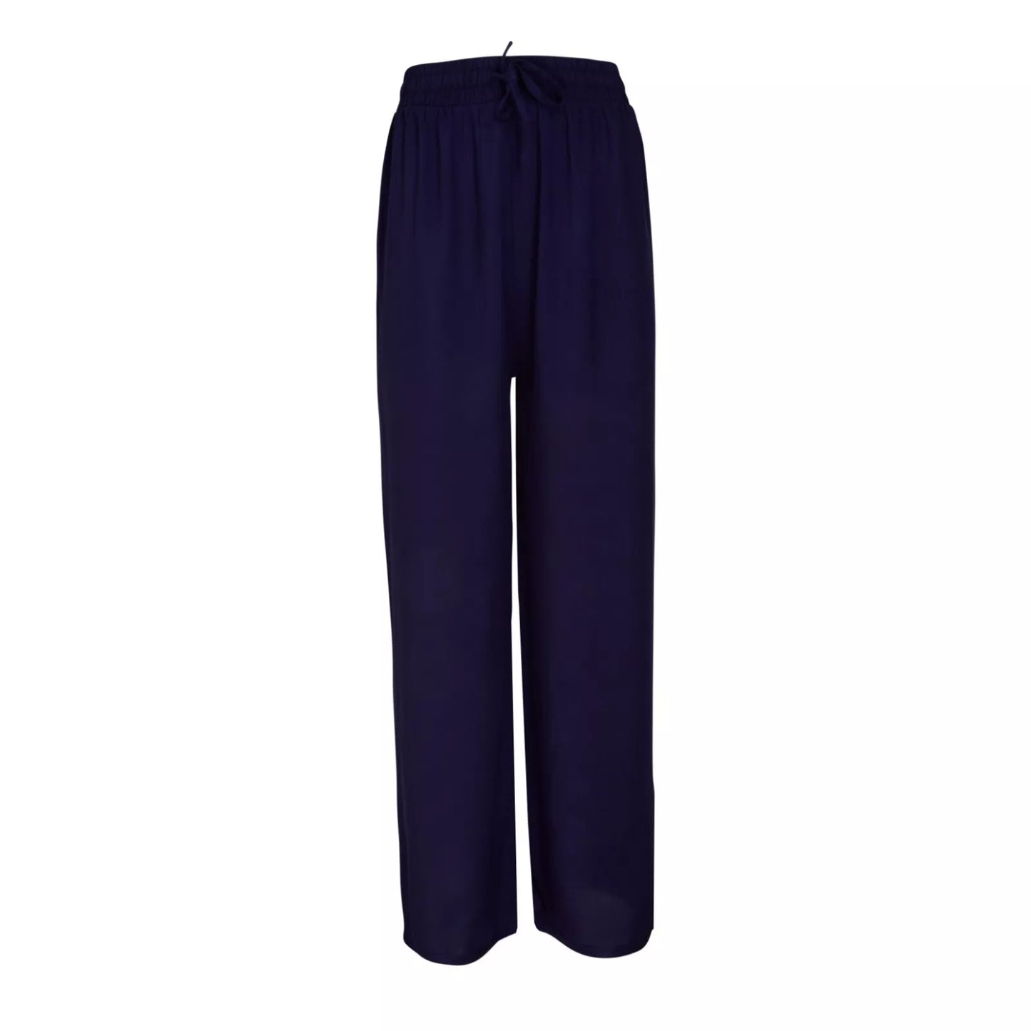 Ladies navy palazzo harem trousers with elastic waistband and drawstring – lightweight wide leg summer pants