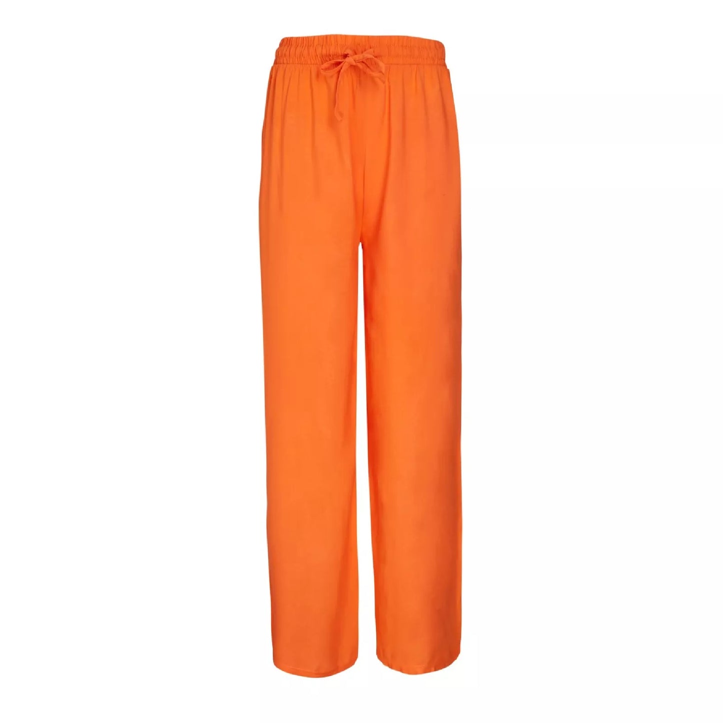 Ladies orange palazzo harem trousers with elastic waistband and drawstring – lightweight wide leg summer pants