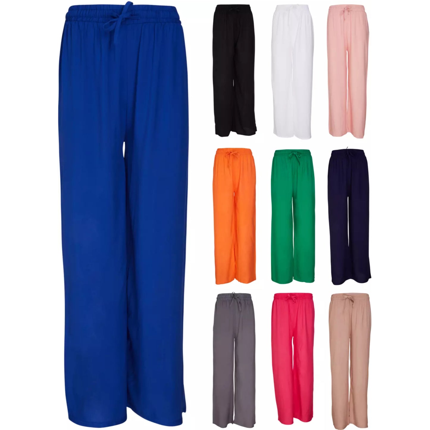 Ladies navy, black, green, white, pink orange and blue palazzo harem trousers with elastic waistband and drawstring – lightweight wide leg summer pants