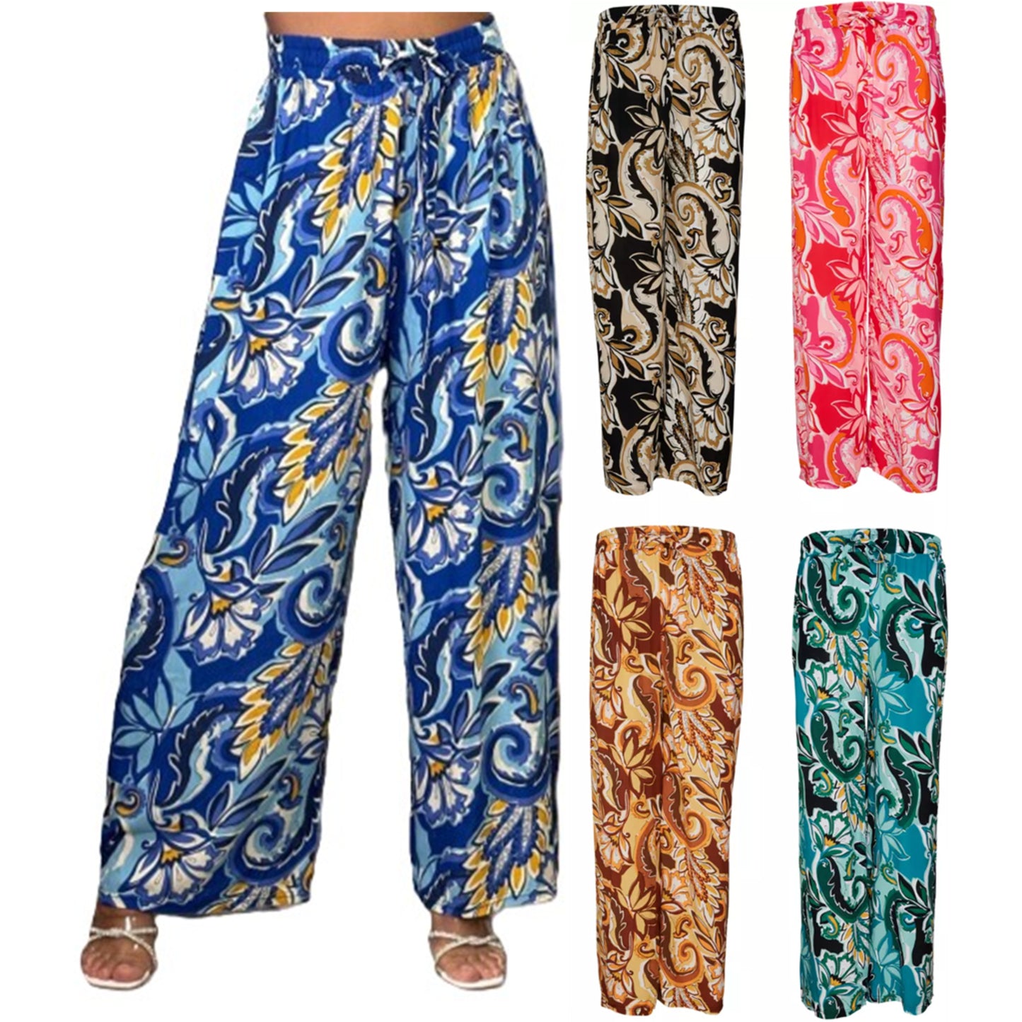 Ladies' paisley print palazzo trousers in multiple colours – wide leg summer pants with elasticated waist, available in blue, black, pink, brown, and green