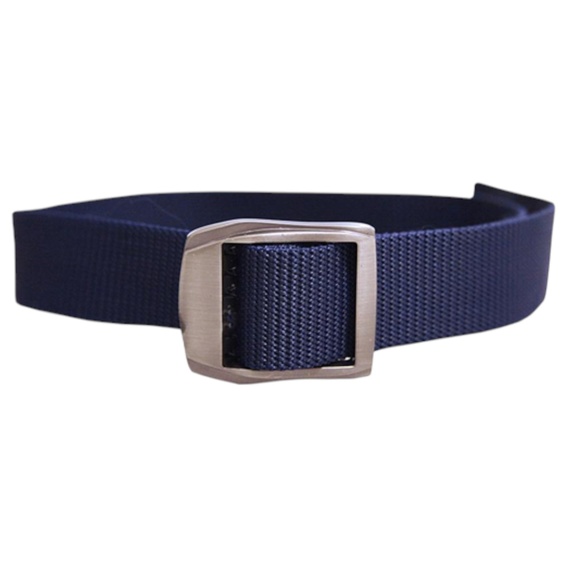 Mens navy ratchet buckle belt with metal square buckle