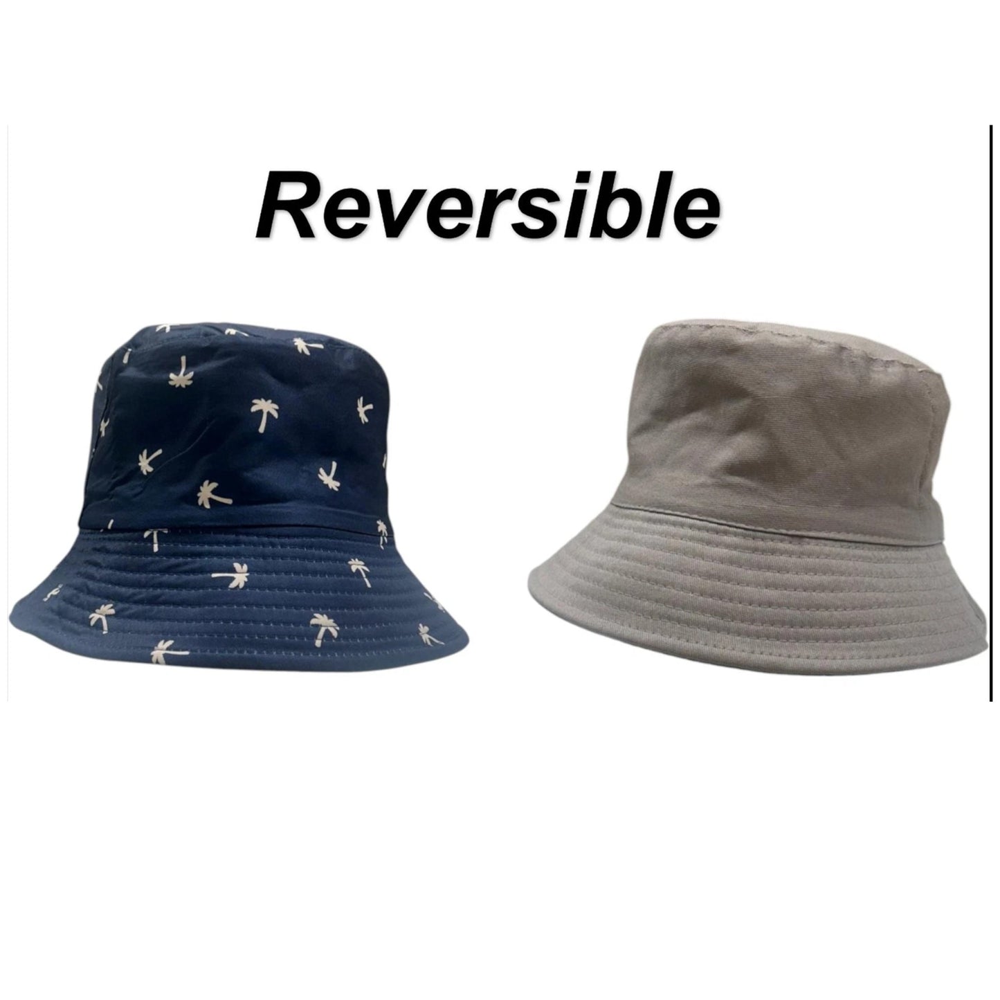 Reversible bucket hat with palm tree print and solid grey sides, unisex versitile summer sun hat