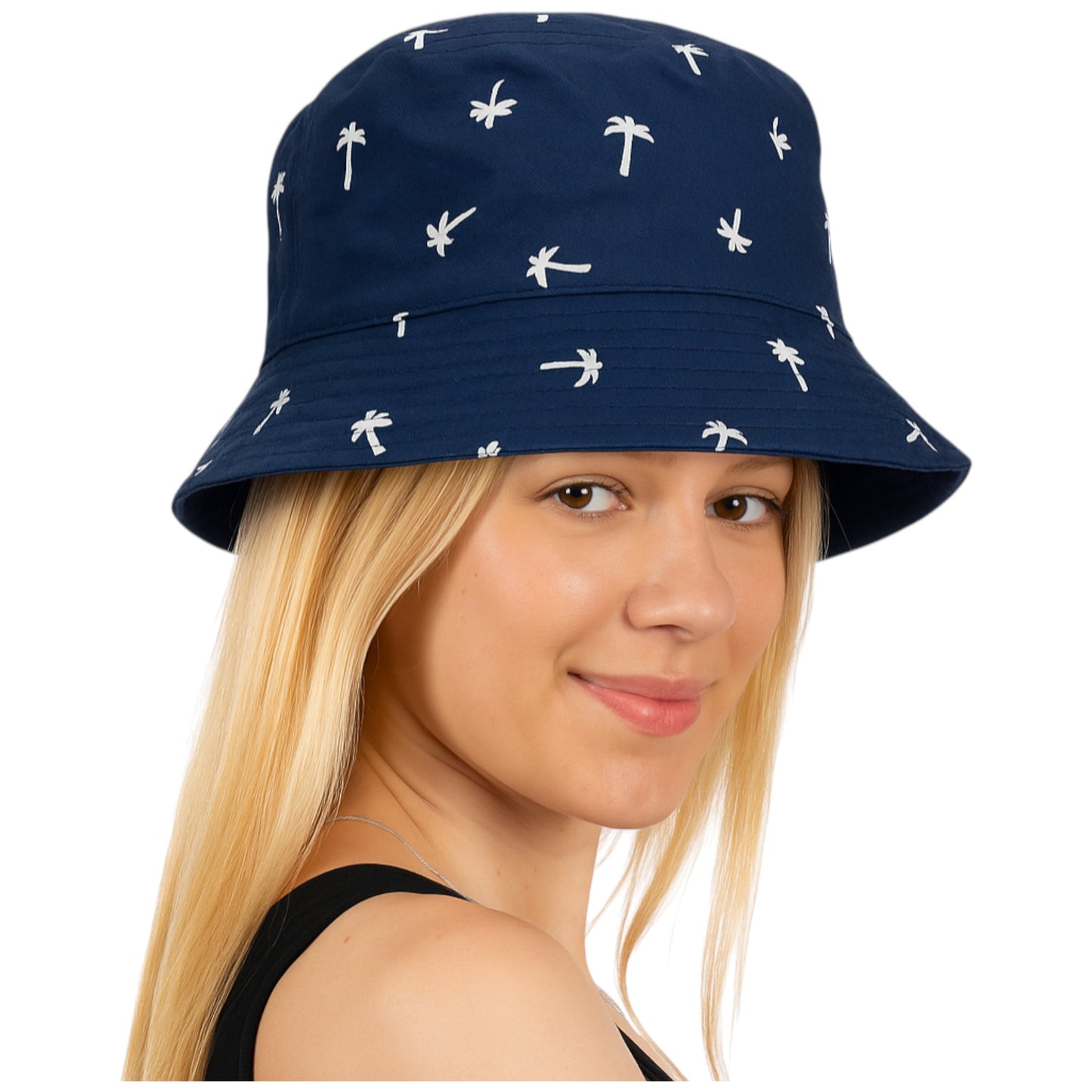 Reversible bucket hat with palm tree print and solid grey sides, unisex versitile summer sun hat
