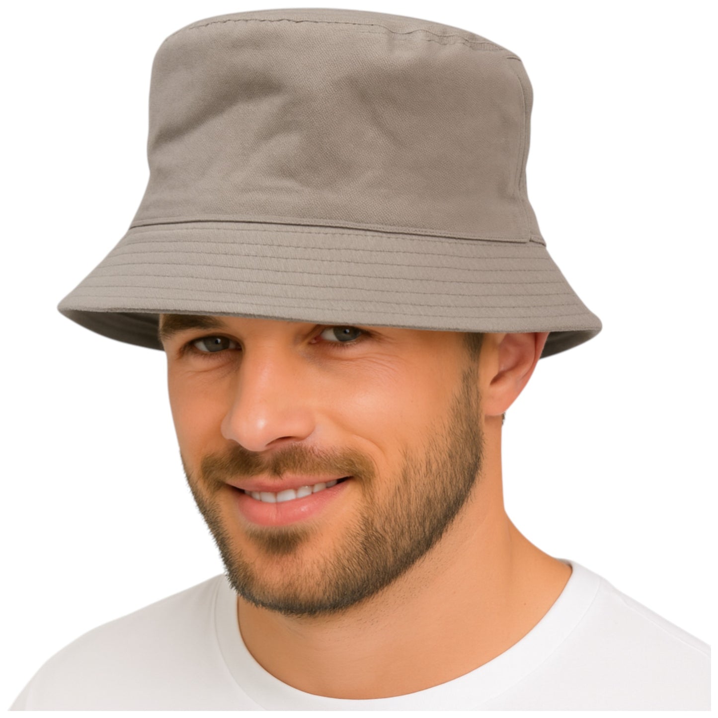 Reversible bucket hat with palm tree print and solid grey sides, unisex versitile summer sun hat