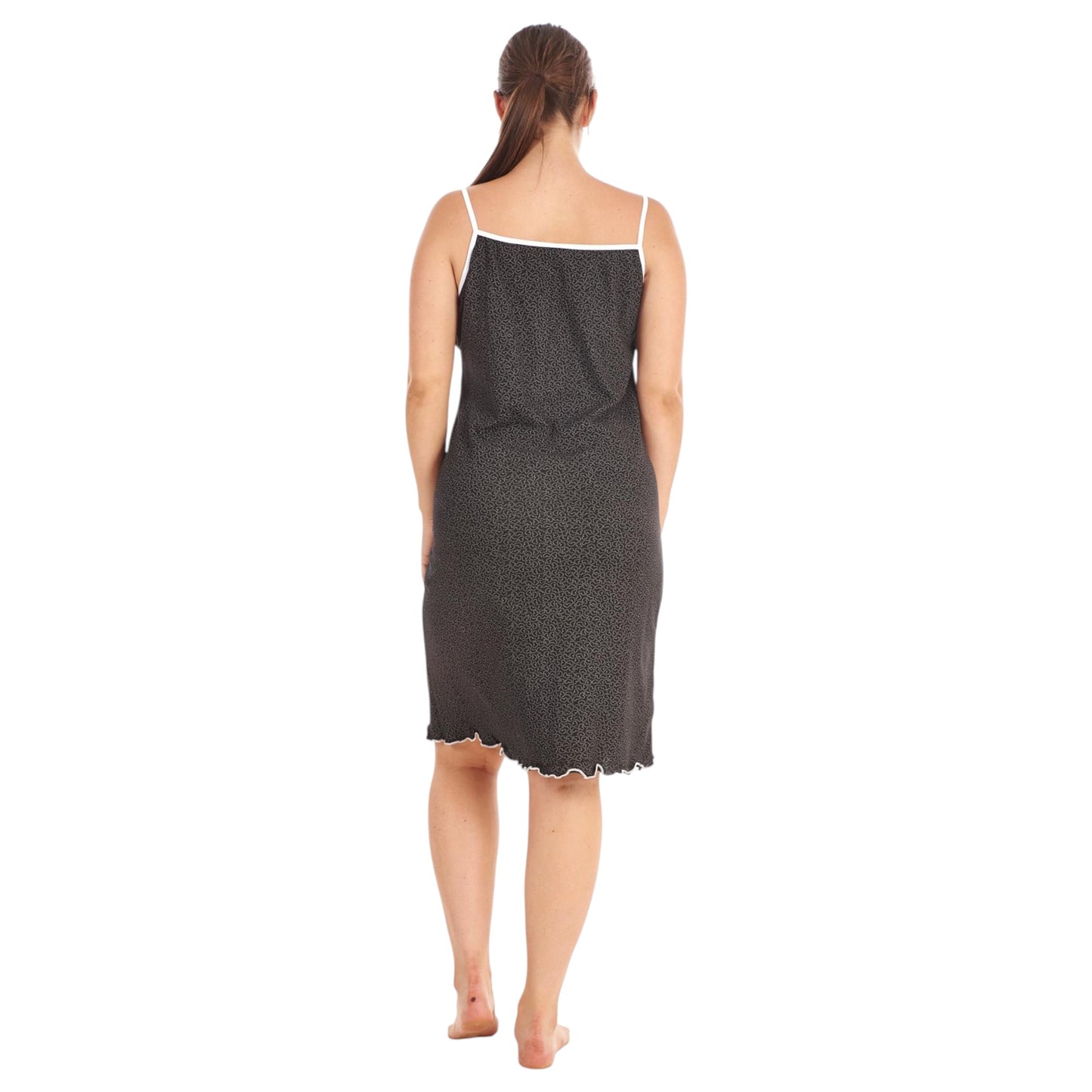 Ladies chemise style nightdress with heart pattern, black sleeveless nightie with white lace trim and bow for women