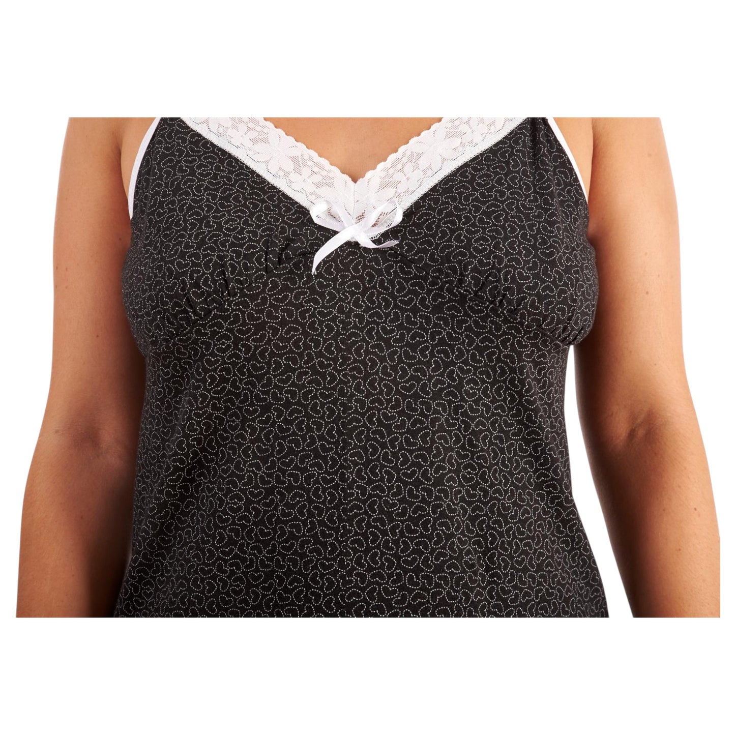 Ladies chemise style nightdress with heart pattern, black sleeveless nightie with white lace trim and bow for women