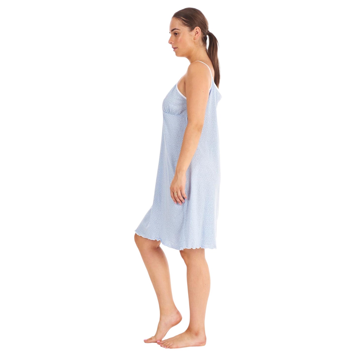 Ladies chemise style nightdress with heart pattern, blue sleeveless nightie with white lace trim and bow for women