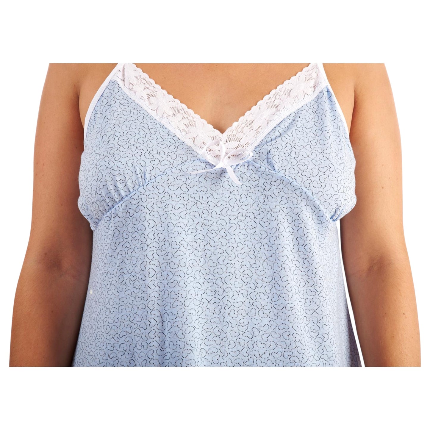 Ladies chemise style nightdress with heart pattern, blue sleeveless nightie with white lace trim and bow for women