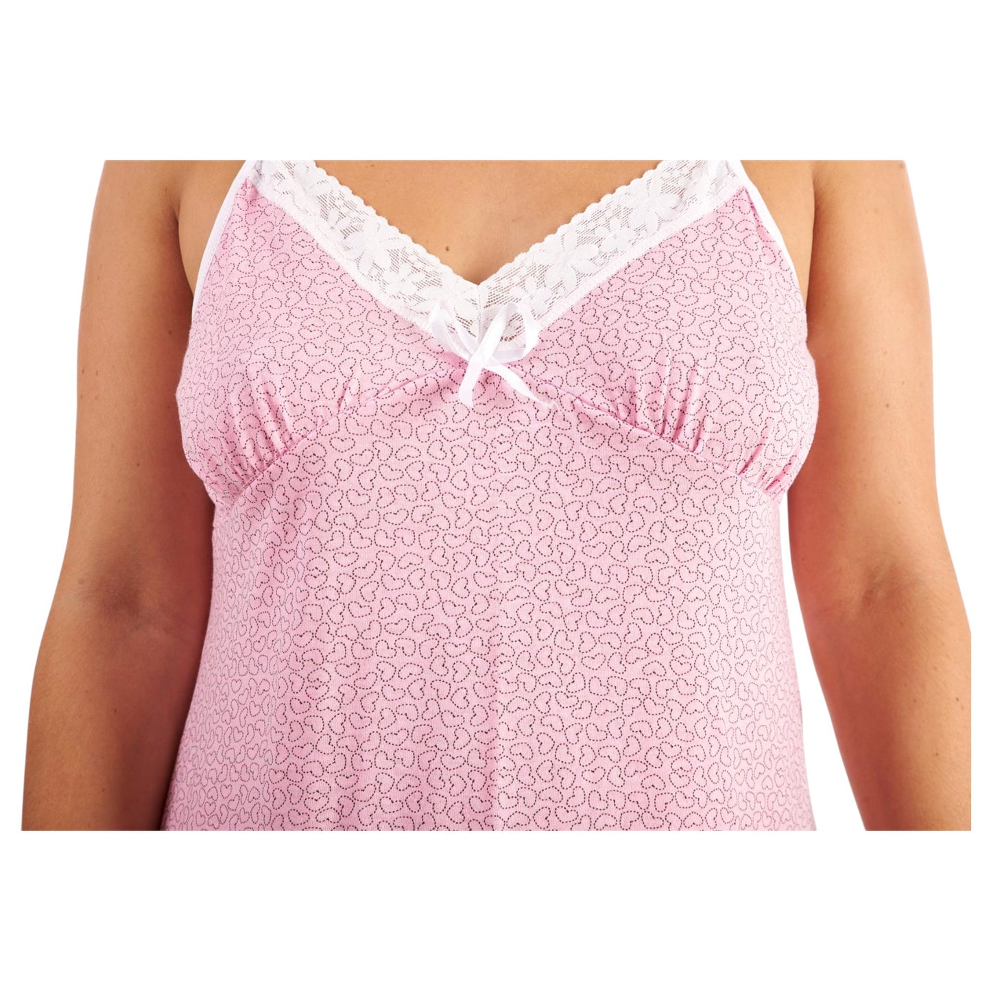 Ladies chemise style nightdress with heart pattern, pink sleeveless nightie with white lace trim and bow for women