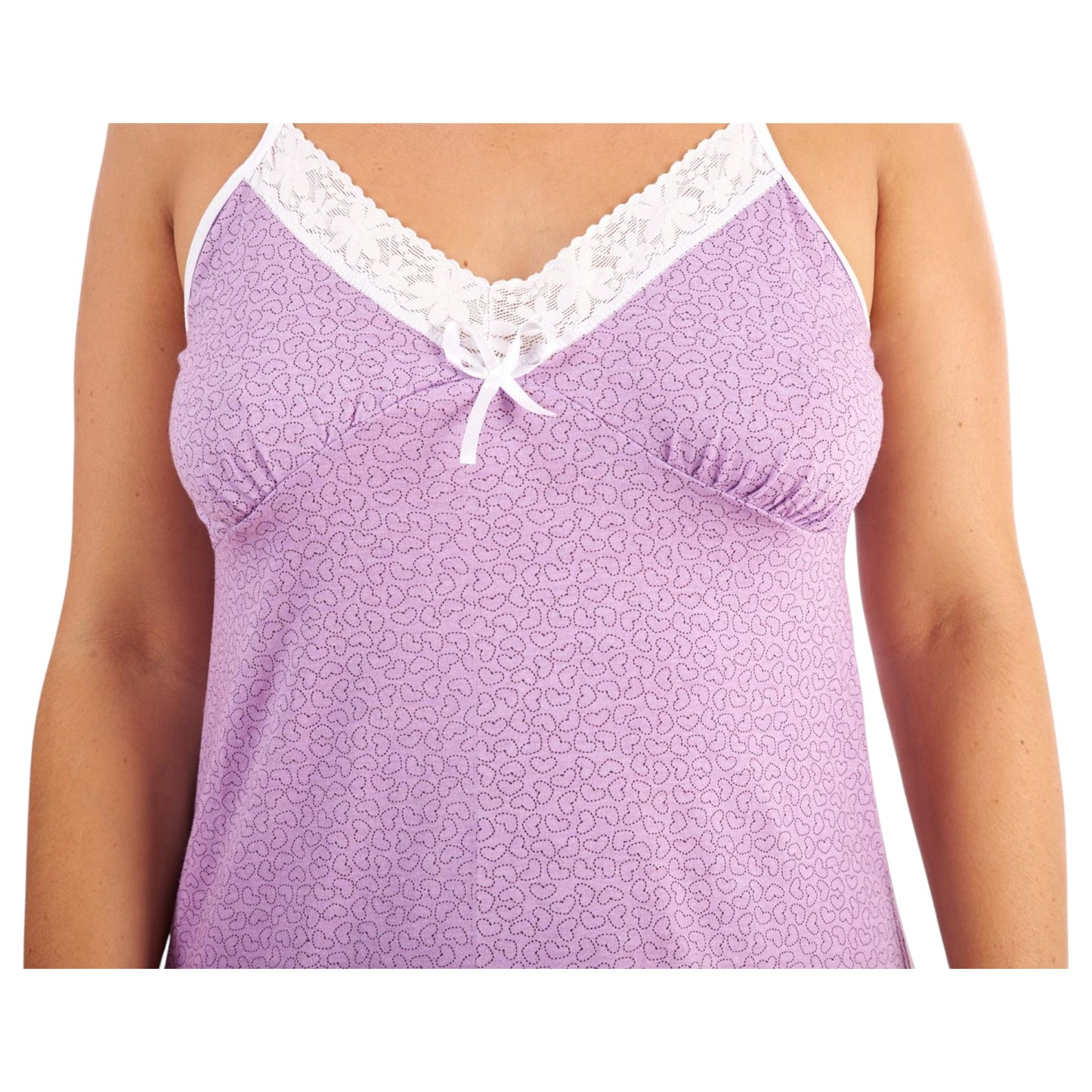 Ladies chemise style nightdress with heart pattern, purple lilac sleeveless nightie with white lace trim and bow for women