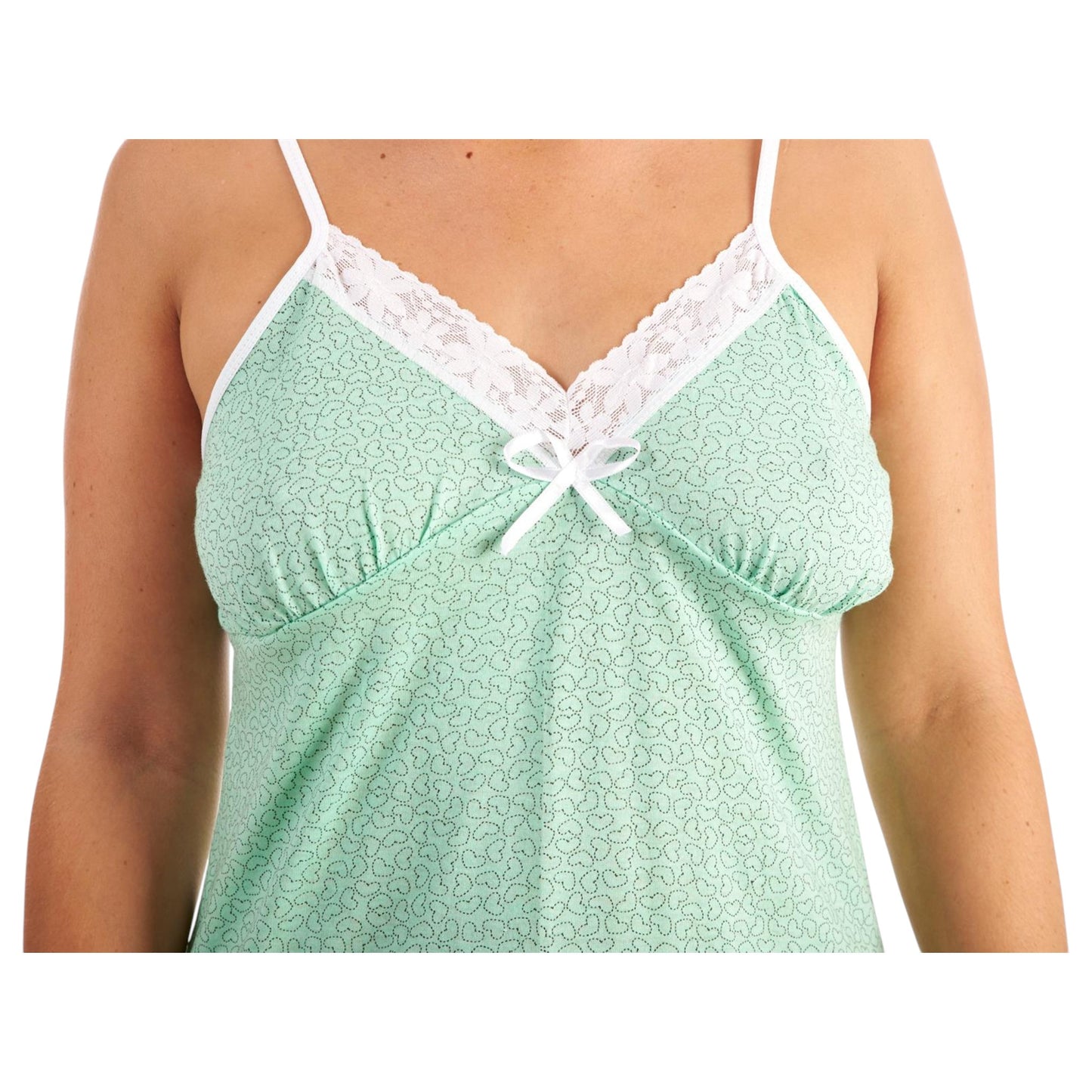 Ladies chemise style nightdress with heart pattern, mint green sleeveless nightie with white lace trim and bow for women