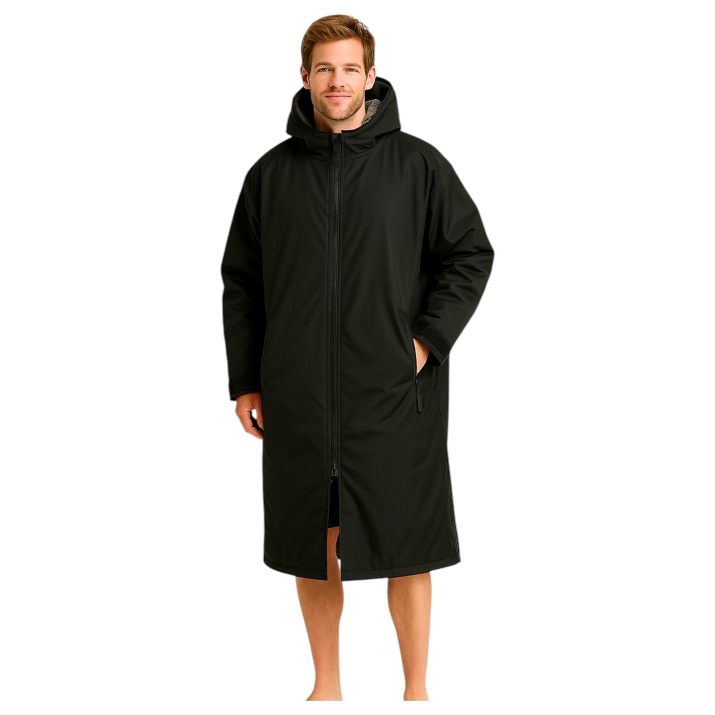 Adult black waterproof changing robe with hood, front zip, and long sleeves