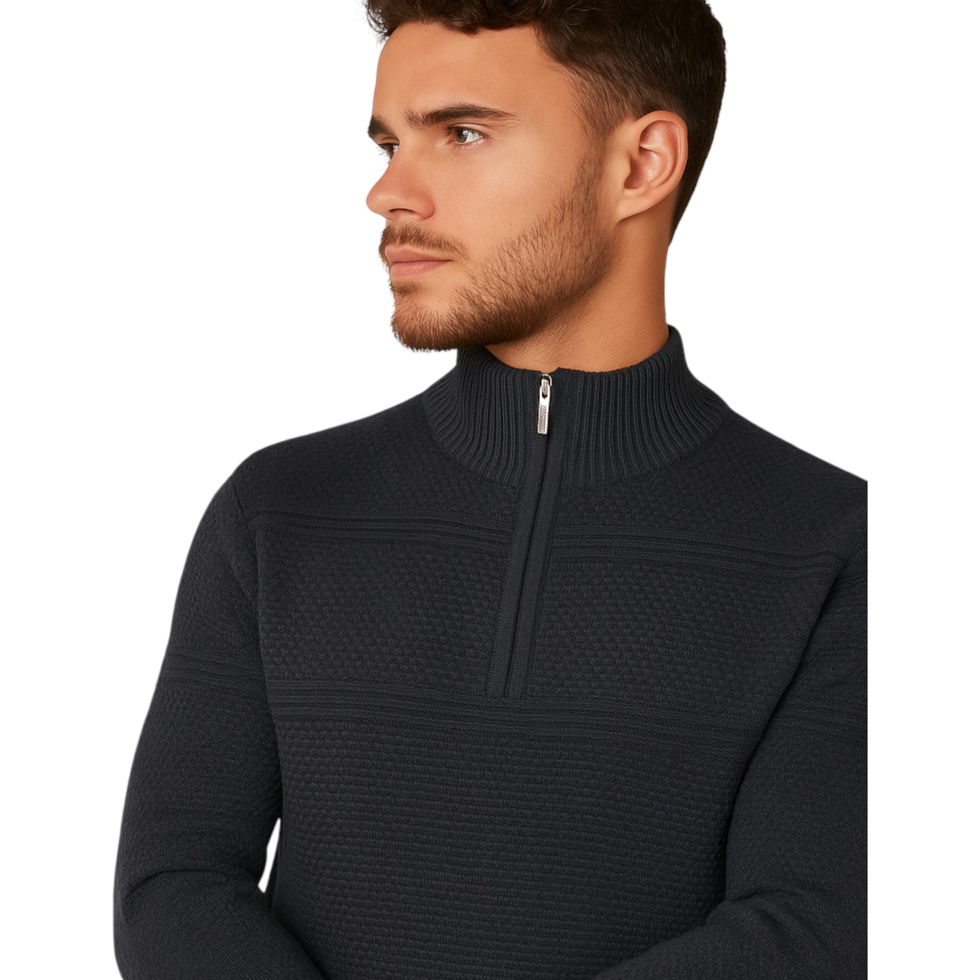 Firetrap men’s ¼ zip jumper in charcoal grey – textured knit funnel neck sweater