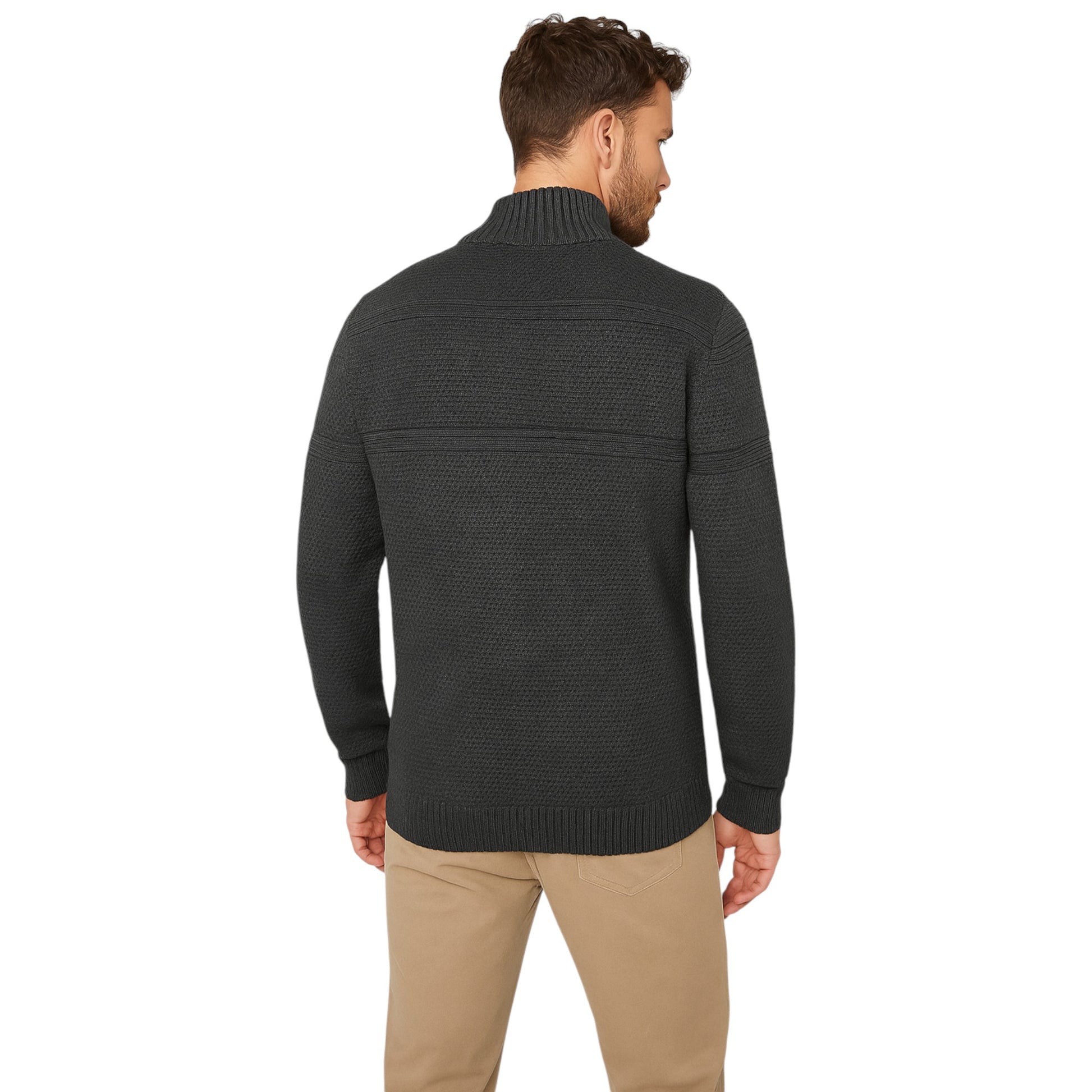 Firetrap men’s ¼ zip jumper in charcoal grey – textured knit funnel neck sweater
