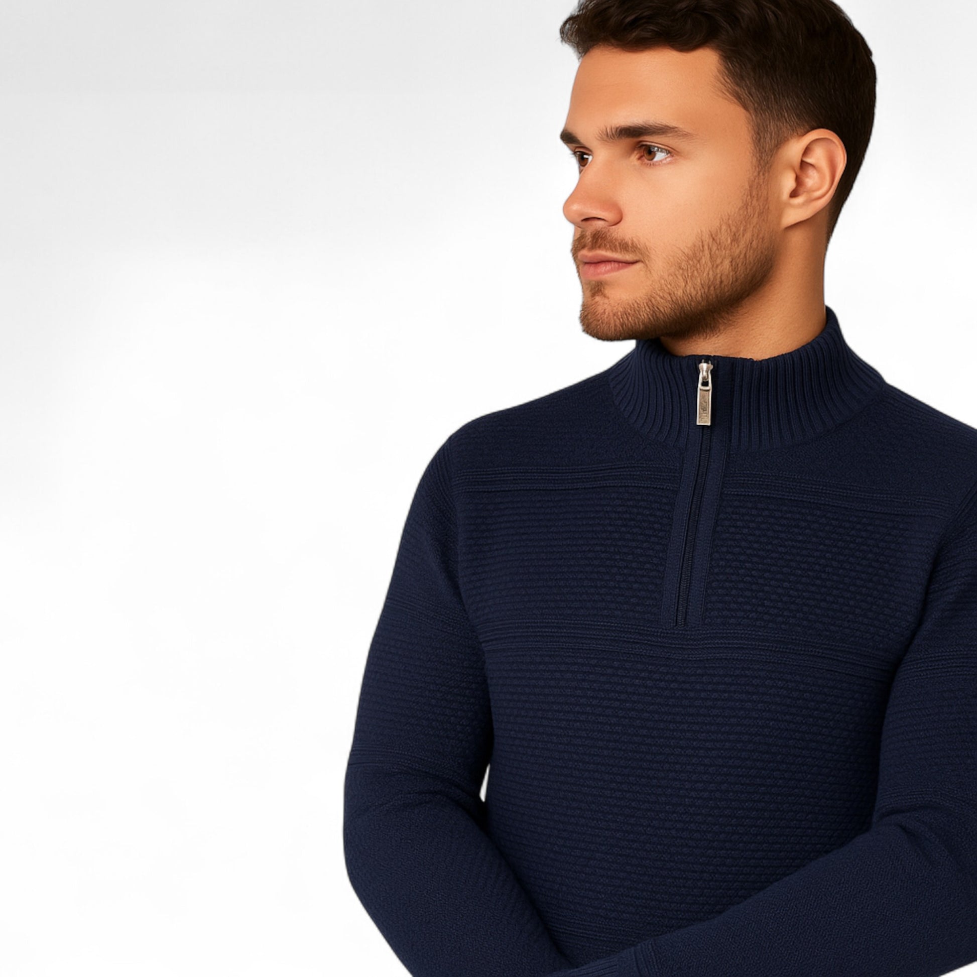 Firetrap men’s ¼ zip jumper in navy – textured knit funnel neck sweater