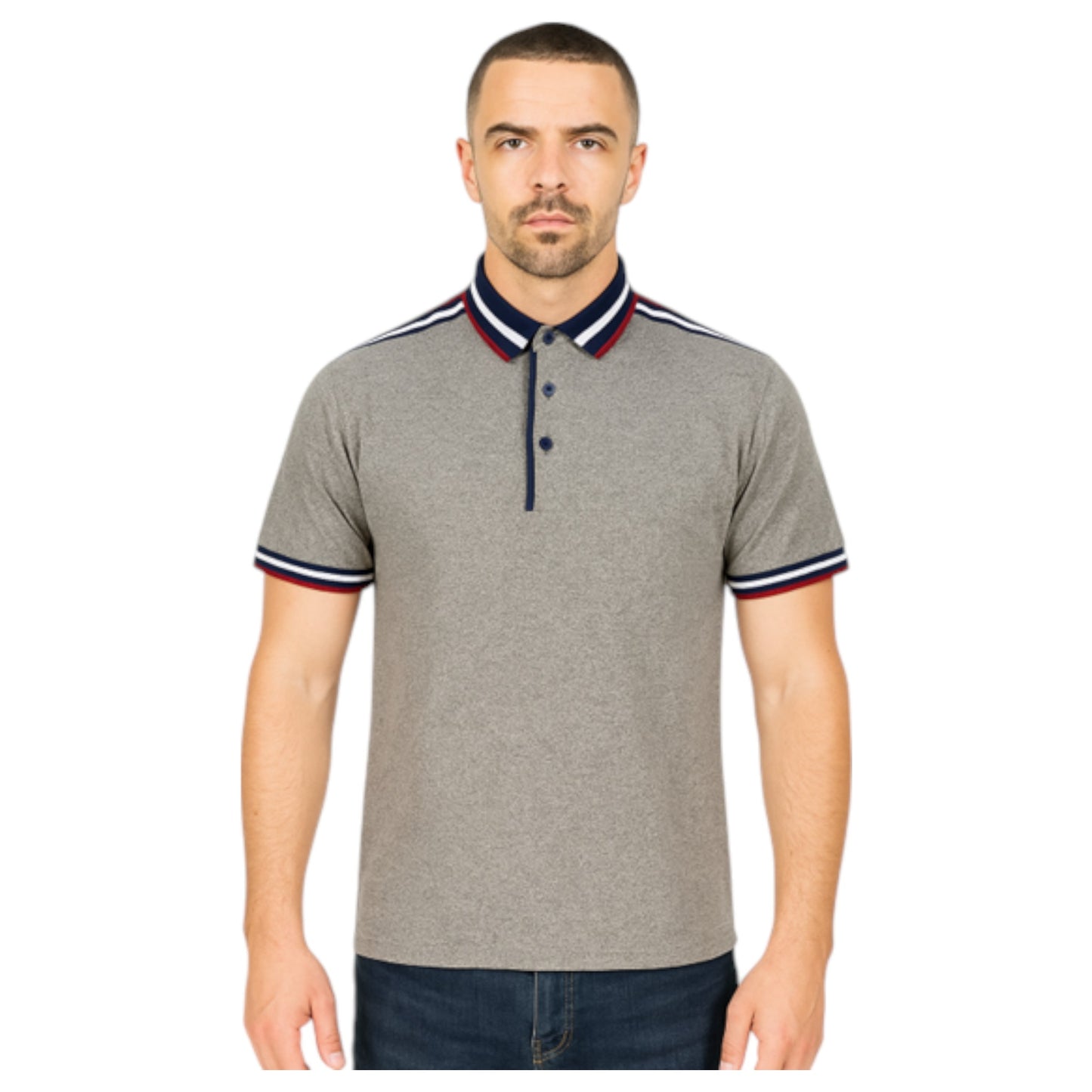 Men’s grey contrast collar polo shirt with patterned trim and short sleeves – smart casual cotton top.