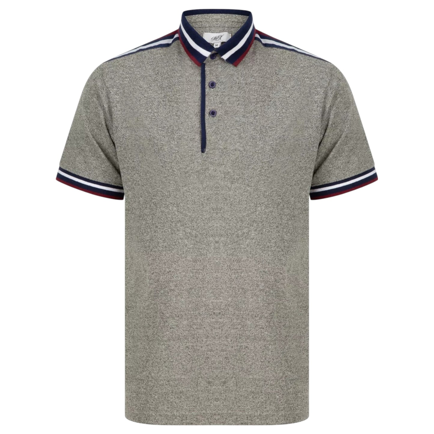 Men’s grey contrast collar polo shirt with patterned trim and short sleeves – smart casual cotton top.