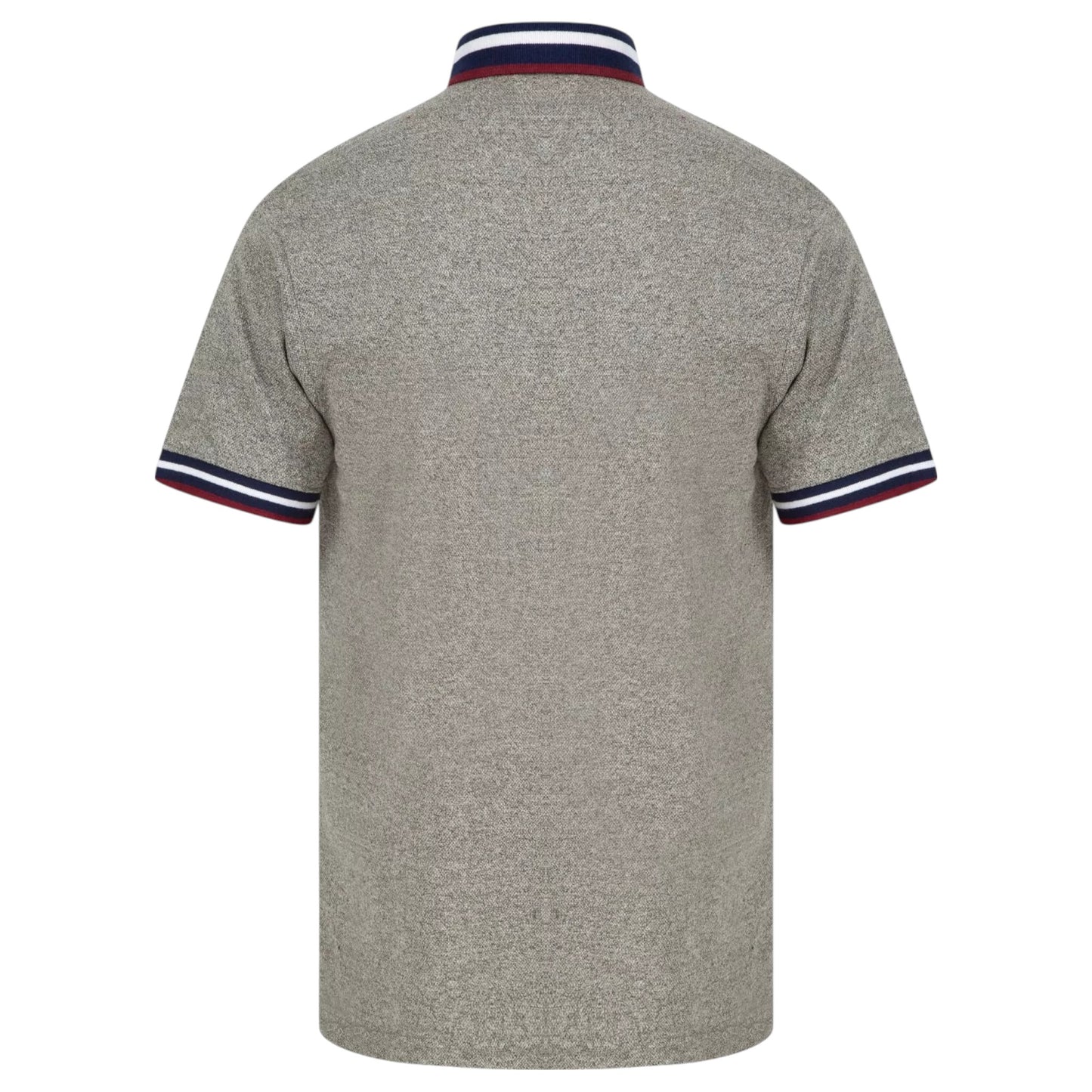 Men’s grey contrast collar polo shirt with patterned trim and short sleeves – smart casual cotton top.