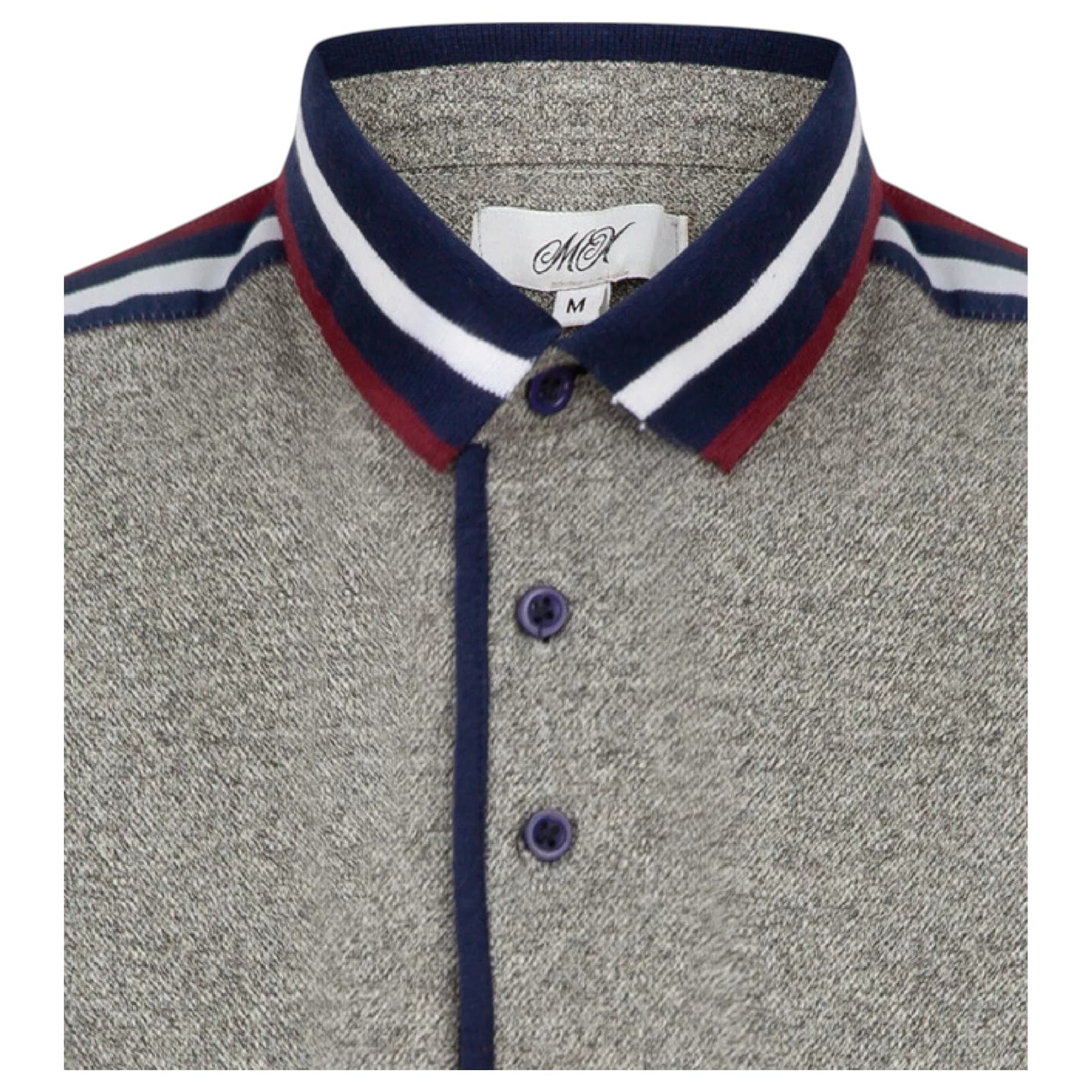 Men’s grey contrast collar polo shirt with patterned trim and short sleeves – smart casual cotton top.