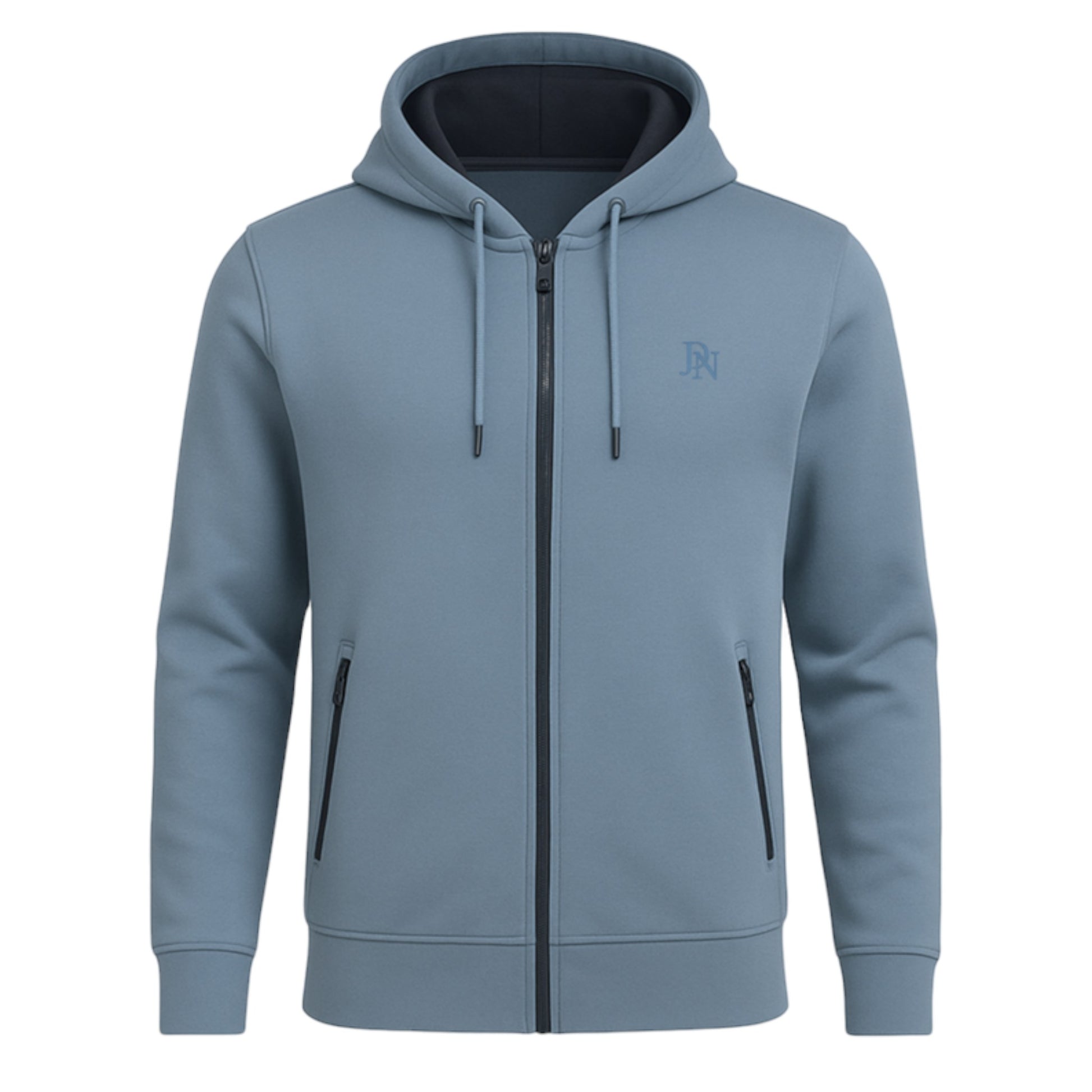 Men's JDN full zip hoodie in air force blue with drawstring hood and side zip pockets