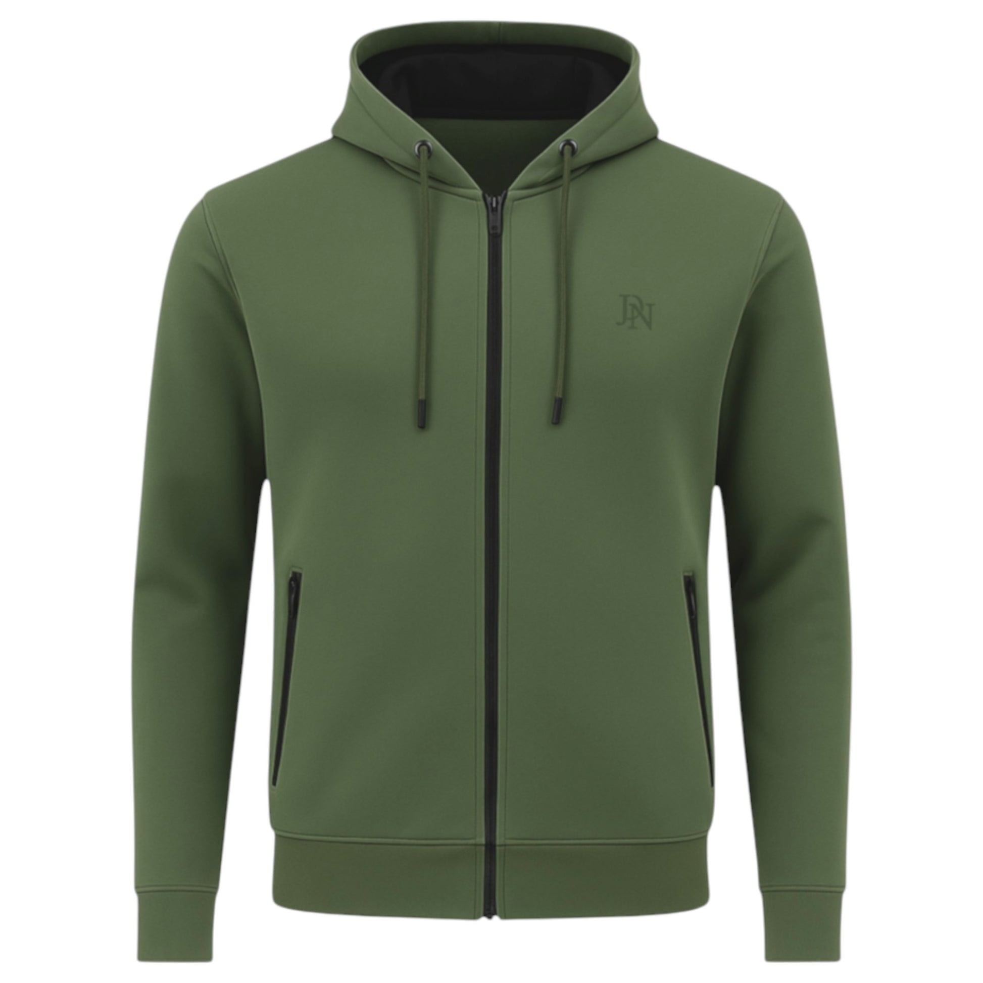 Men's JDN full zip hoodie in forest green blue with drawstring hood and side zip pockets