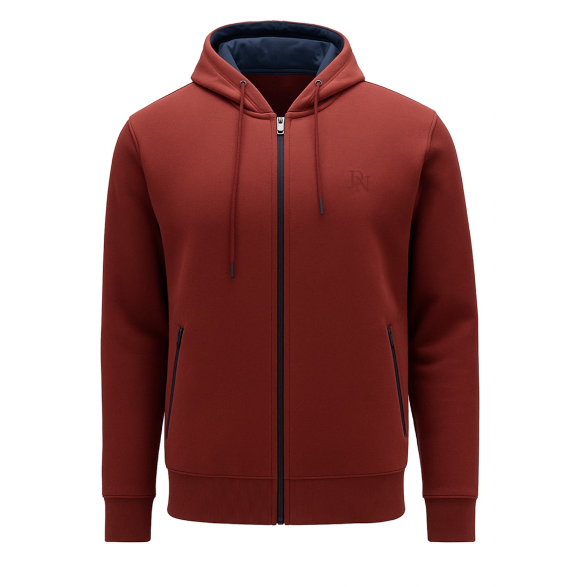 Men's JDN full zip hoodie in maroon red with drawstring hood and side zip pockets