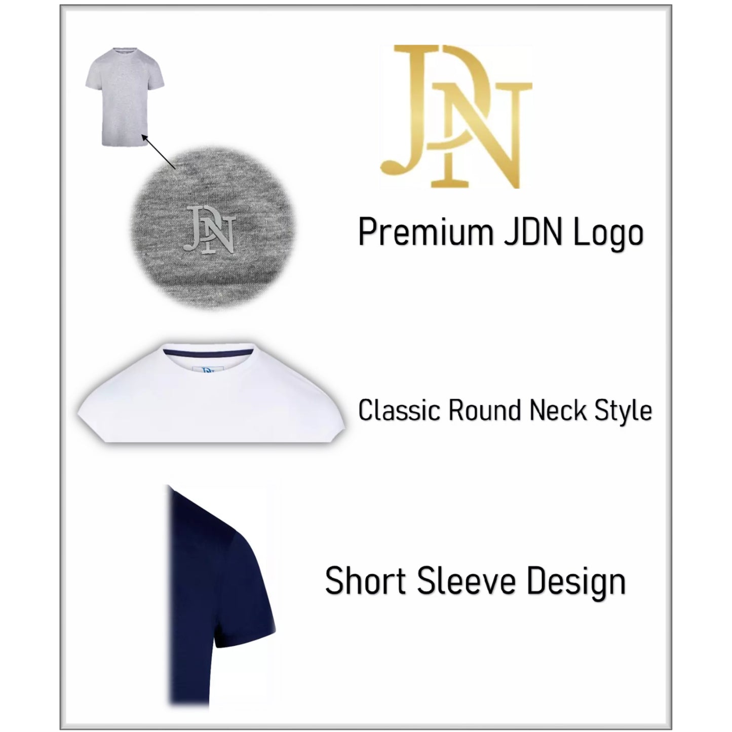 Men's JDN branded black, white, grey and navy premium quality short sleeve crew neck cotton blend t-shirt