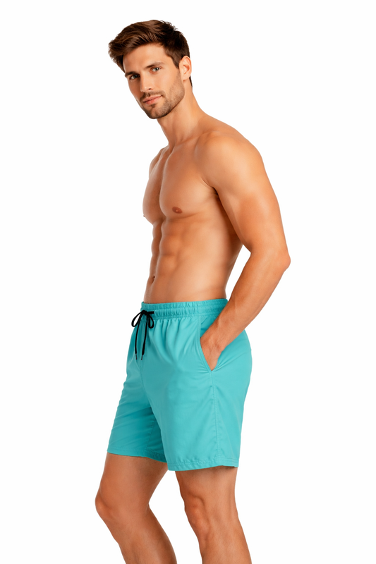 Men's plain aqua blue swim shorts – quick-dry fabric with elastic waistband and drawstring