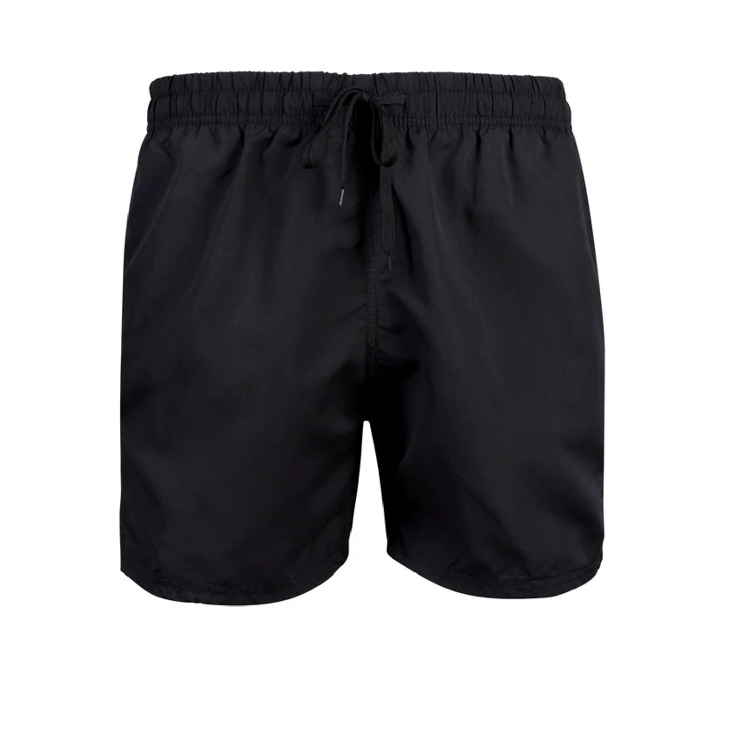 Men's plain black swim shorts – quick-dry fabric with elastic waistband and drawstring