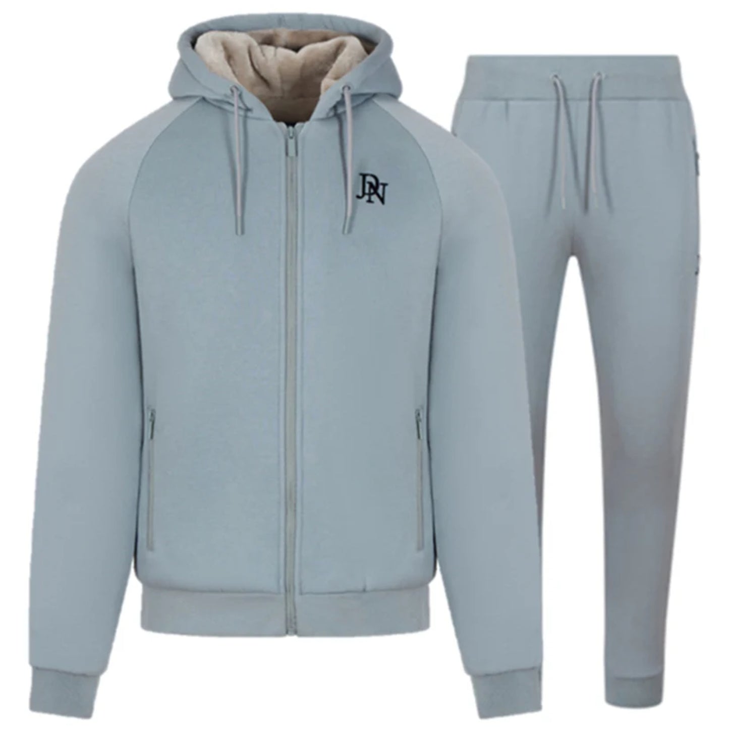 Men's JDN thick fleece-lined tracksuit in light grey – full zip hoodie and joggers set with soft interior for winter warmth