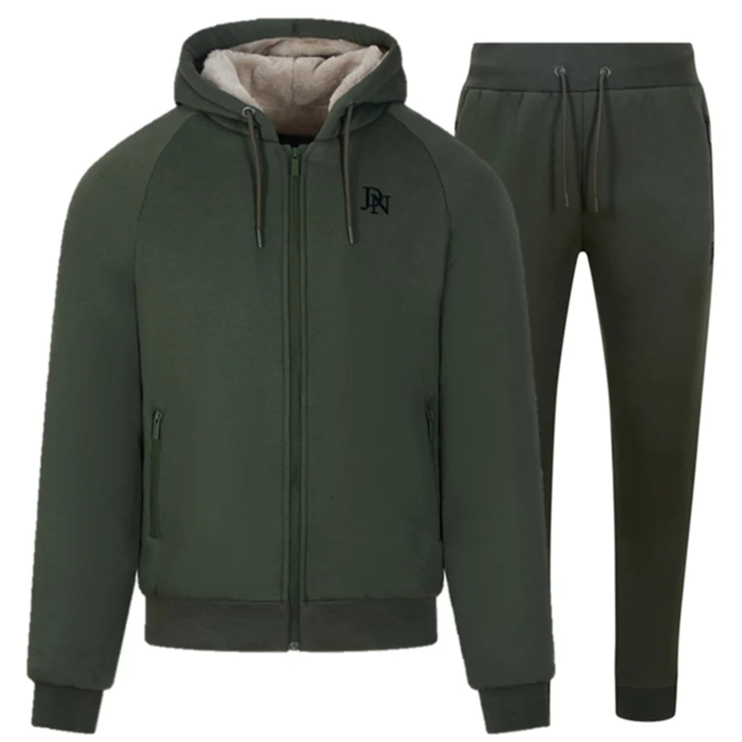 Men's JDN thick fleece-lined tracksuit in khaki green – full zip hoodie and joggers set with soft interior for winter warmth