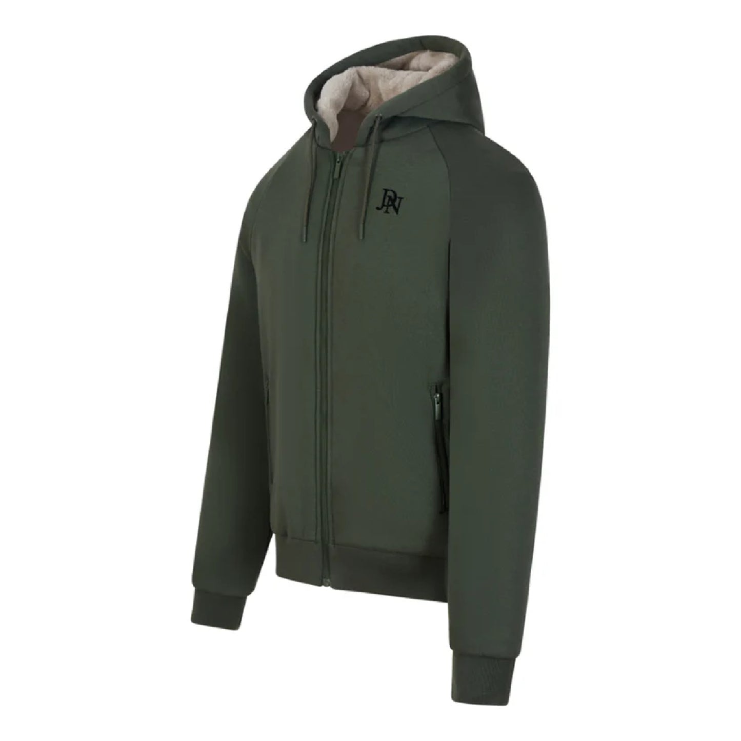 Men's JDN thick fleece-lined tracksuit in khaki green – full zip hoodie and joggers set with soft interior for winter warmth