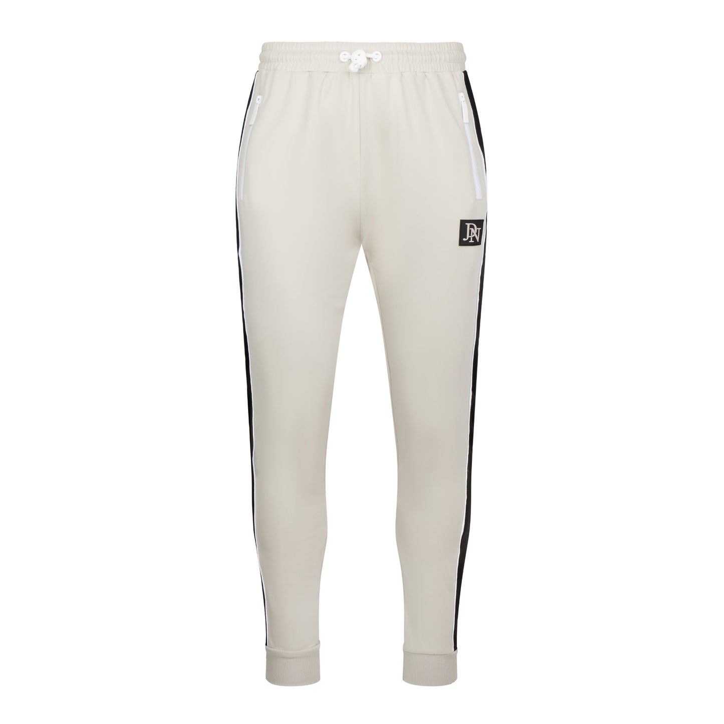 Men's JDN beige tracksuit set with white zips and black side stripes – full zip hoodie and joggers, modern streetwear
