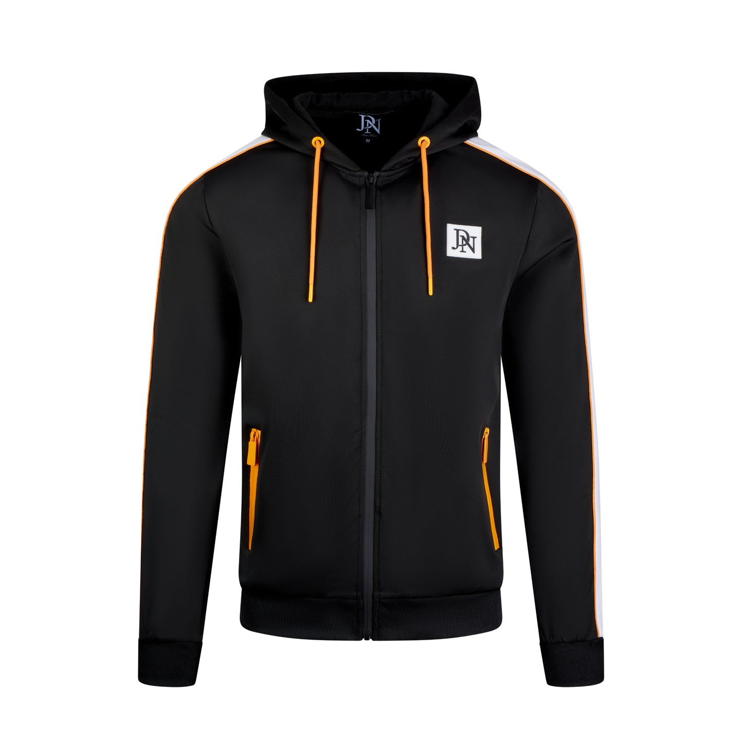 Men's JDN black tracksuit set with orange zip details and white side stripes – full zip hoodie and joggers, sporty streetwear style