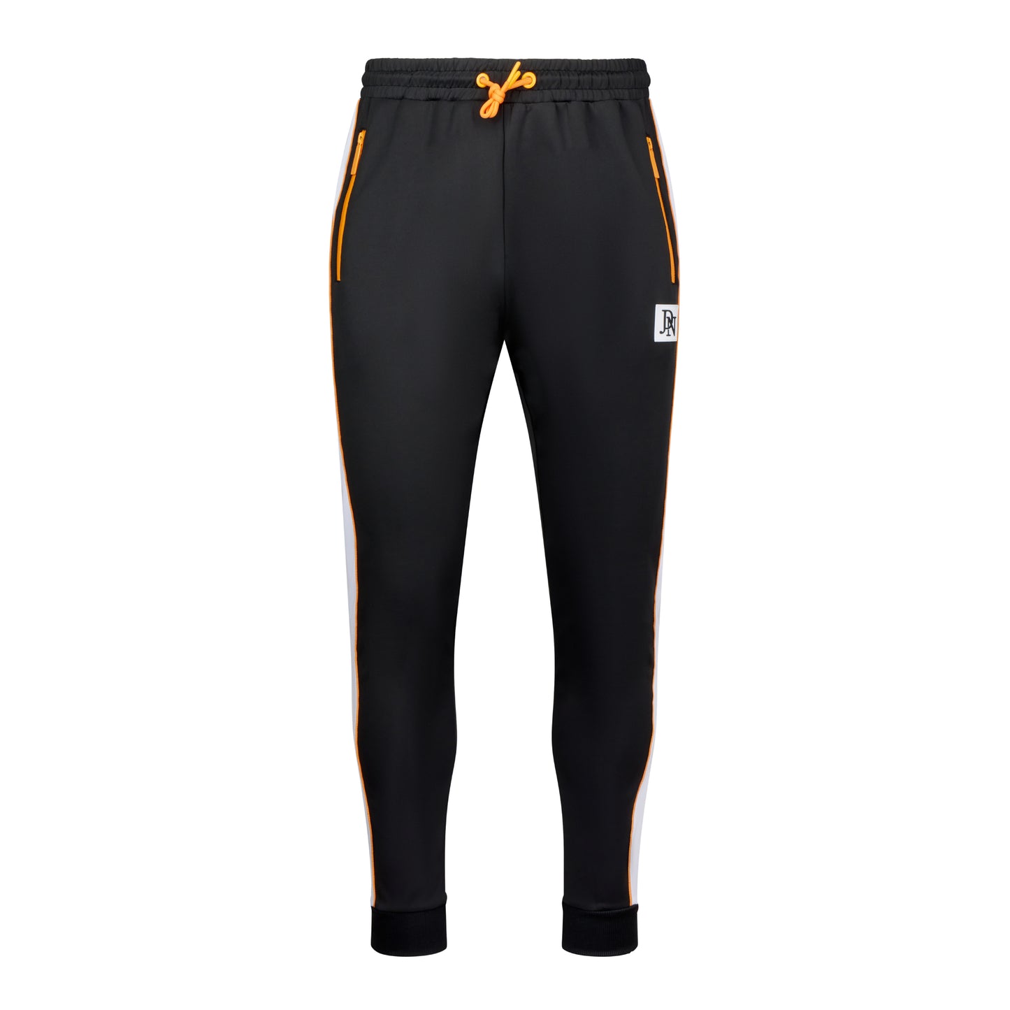 Men's JDN black tracksuit set with orange zip details and white side stripes – full zip hoodie and joggers, sporty streetwear style