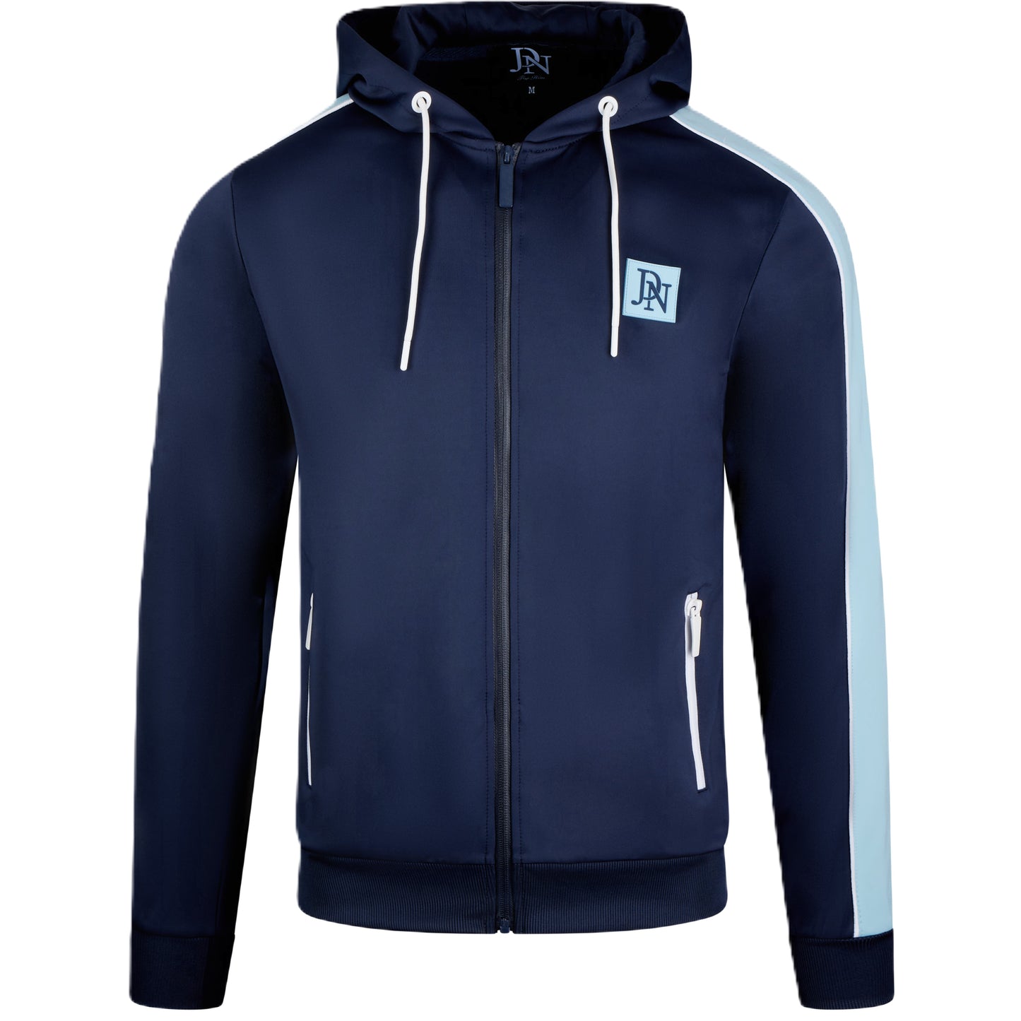Men's JDN navy blue tracksuit with light blue side stripes and white zips – full zip hoodie and joggers, athletic streetwear set