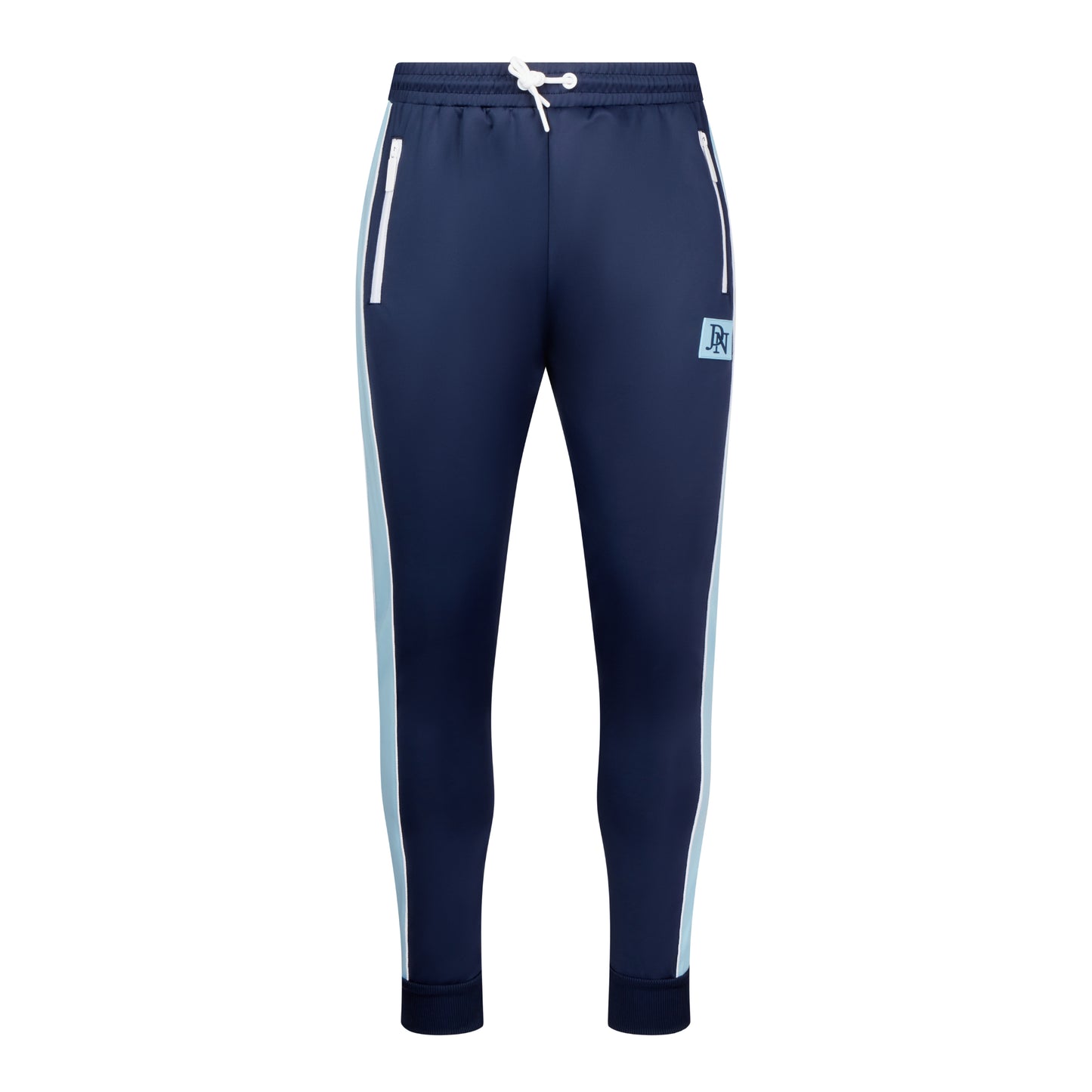 Men's JDN navy blue tracksuit with light blue side stripes and white zips – full zip hoodie and joggers, athletic streetwear set