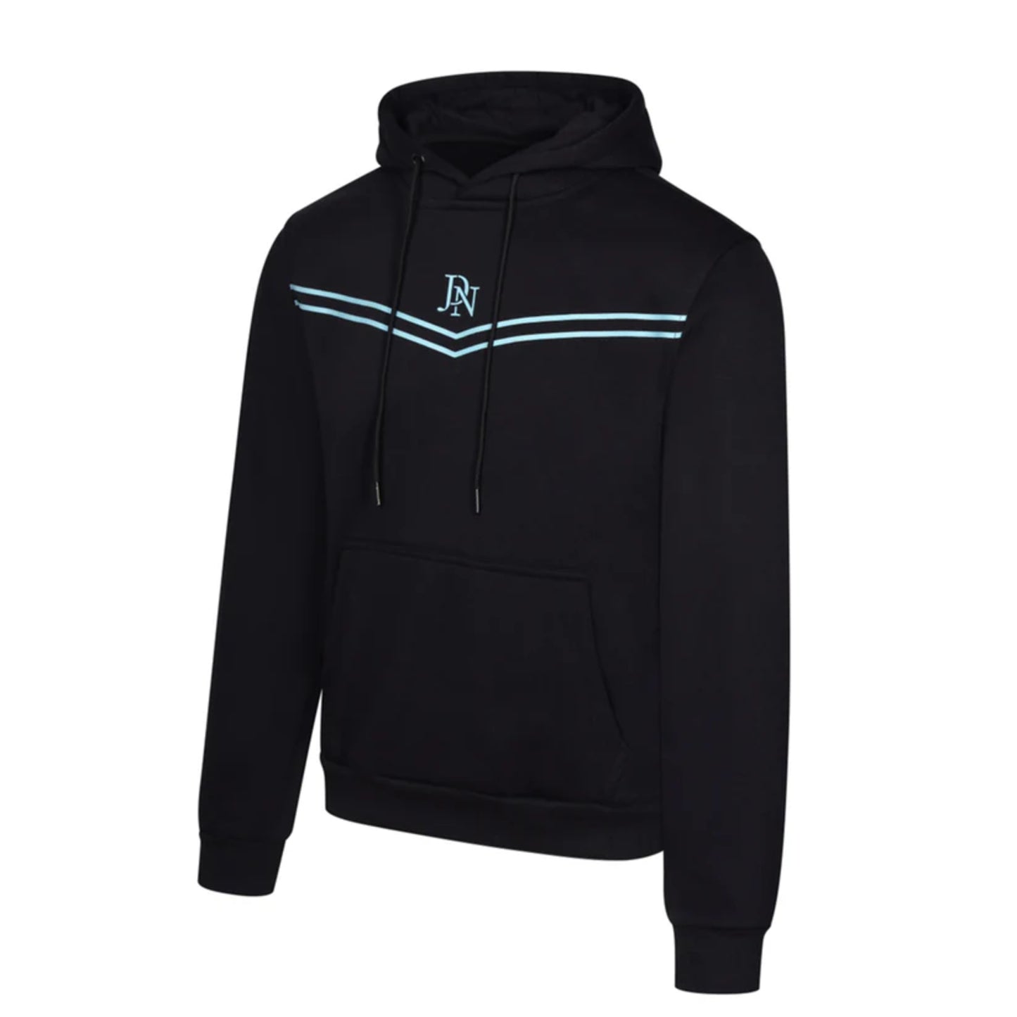 Men's JDN black hoodie tracksuit with light blue chest stripes and logo – pullover hoodie and joggers set, casual streetwear