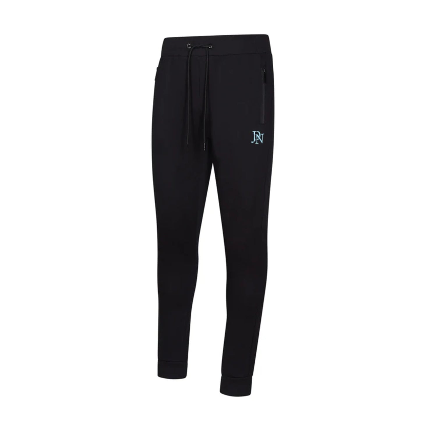 Men's JDN black hoodie tracksuit with light blue chest stripes and logo – pullover hoodie and joggers set, casual streetwear