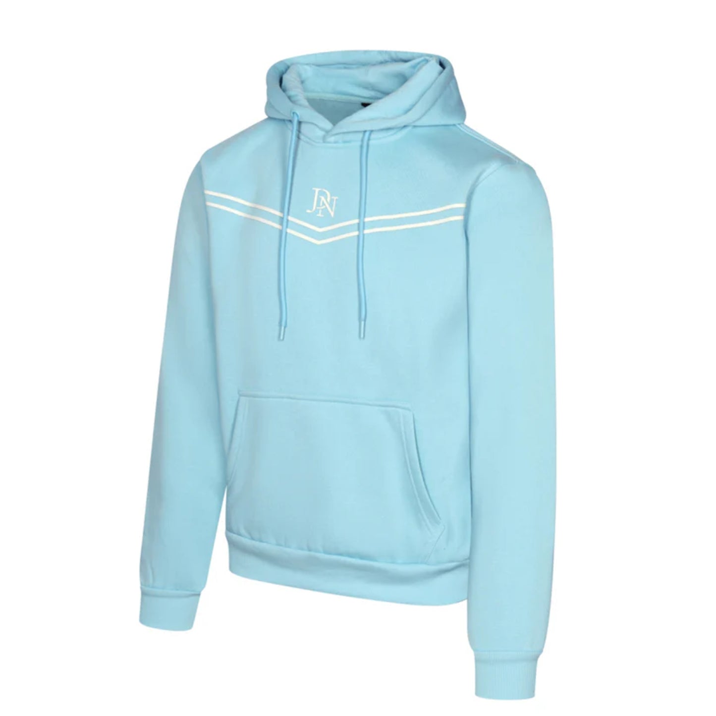 Men's JDN blue hoodie tracksuit with white chest stripes and logo – pullover hoodie and joggers set, casual streetwear