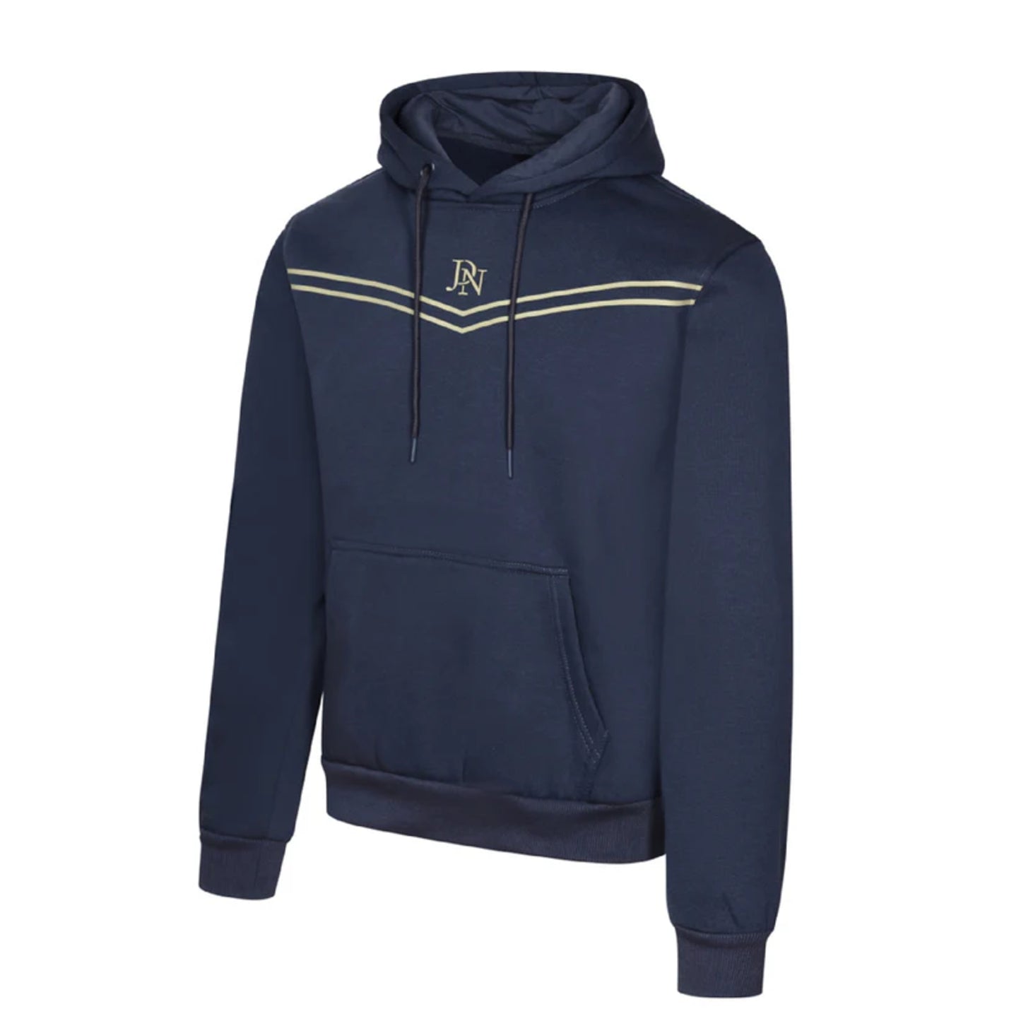 Men's JDN navy blue hoodie tracksuit with gold chest stripes and logo – pullover hoodie and joggers set, casual streetwear